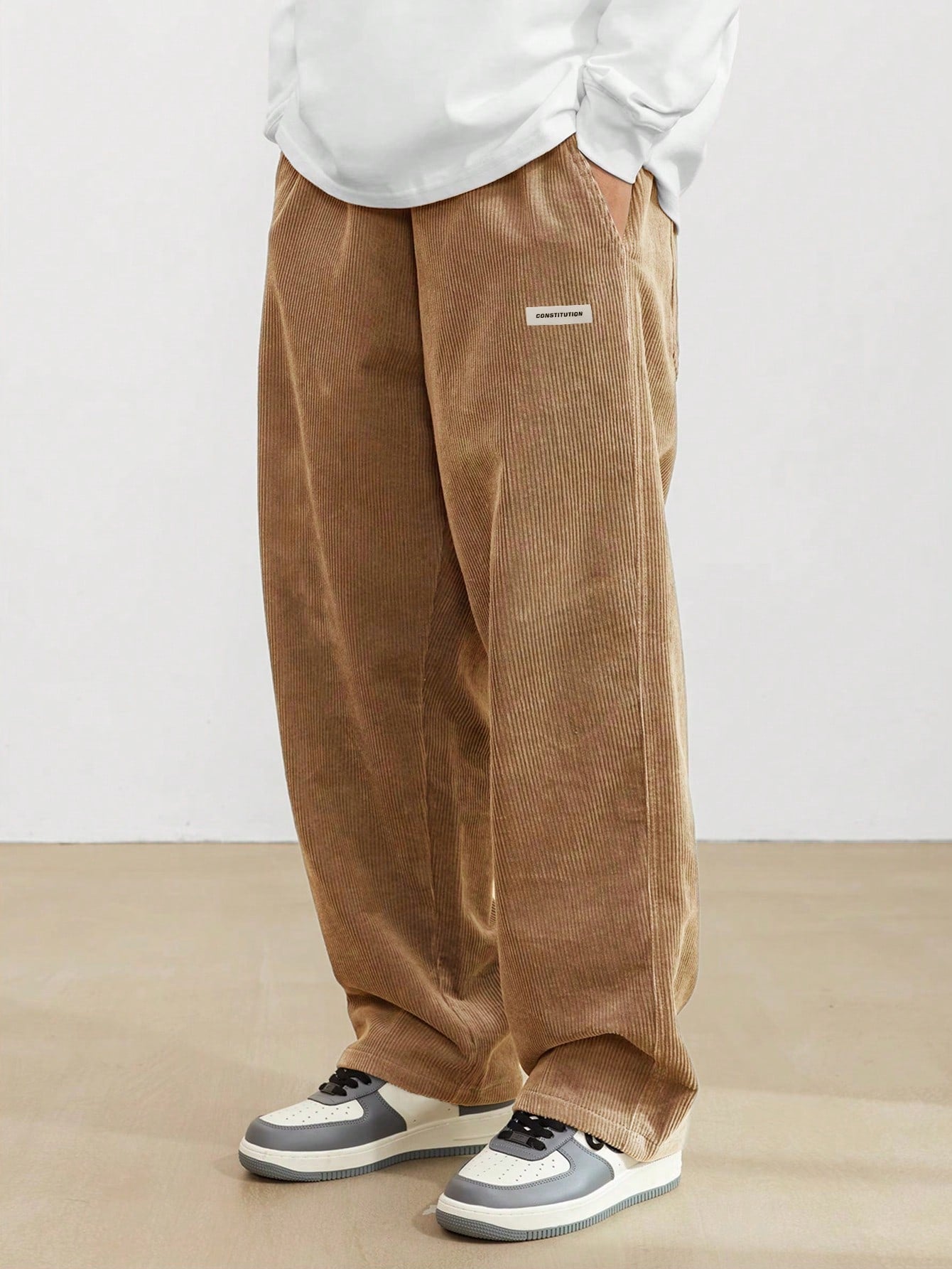 Loose Fit Men's Corduroy Pants With Letter Patch Detail Baggy Long Slacks Plain Going Out