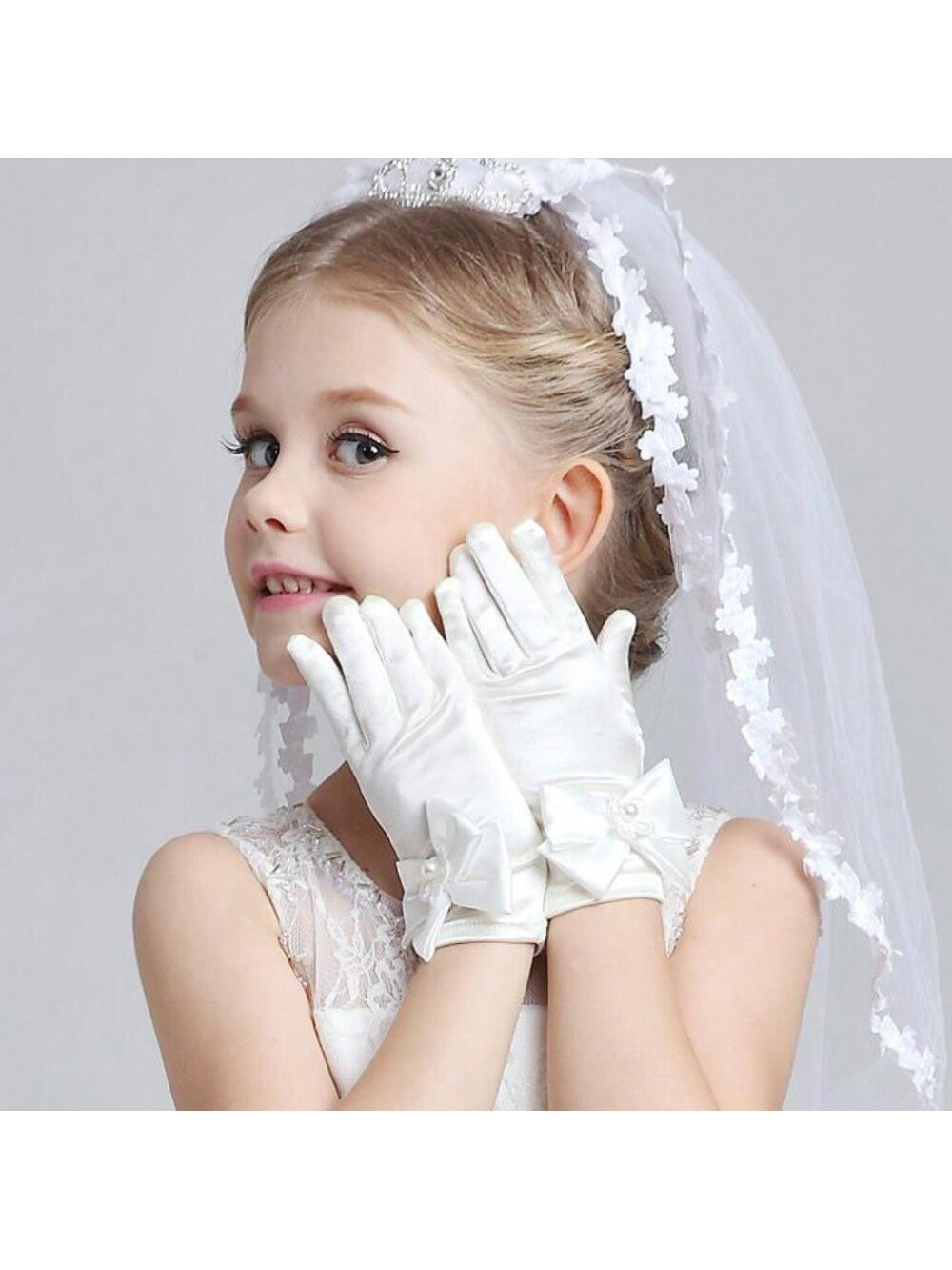 Random 1pair Flower Girl Gloves, Ivory Bowknot Dress Gloves For Girls