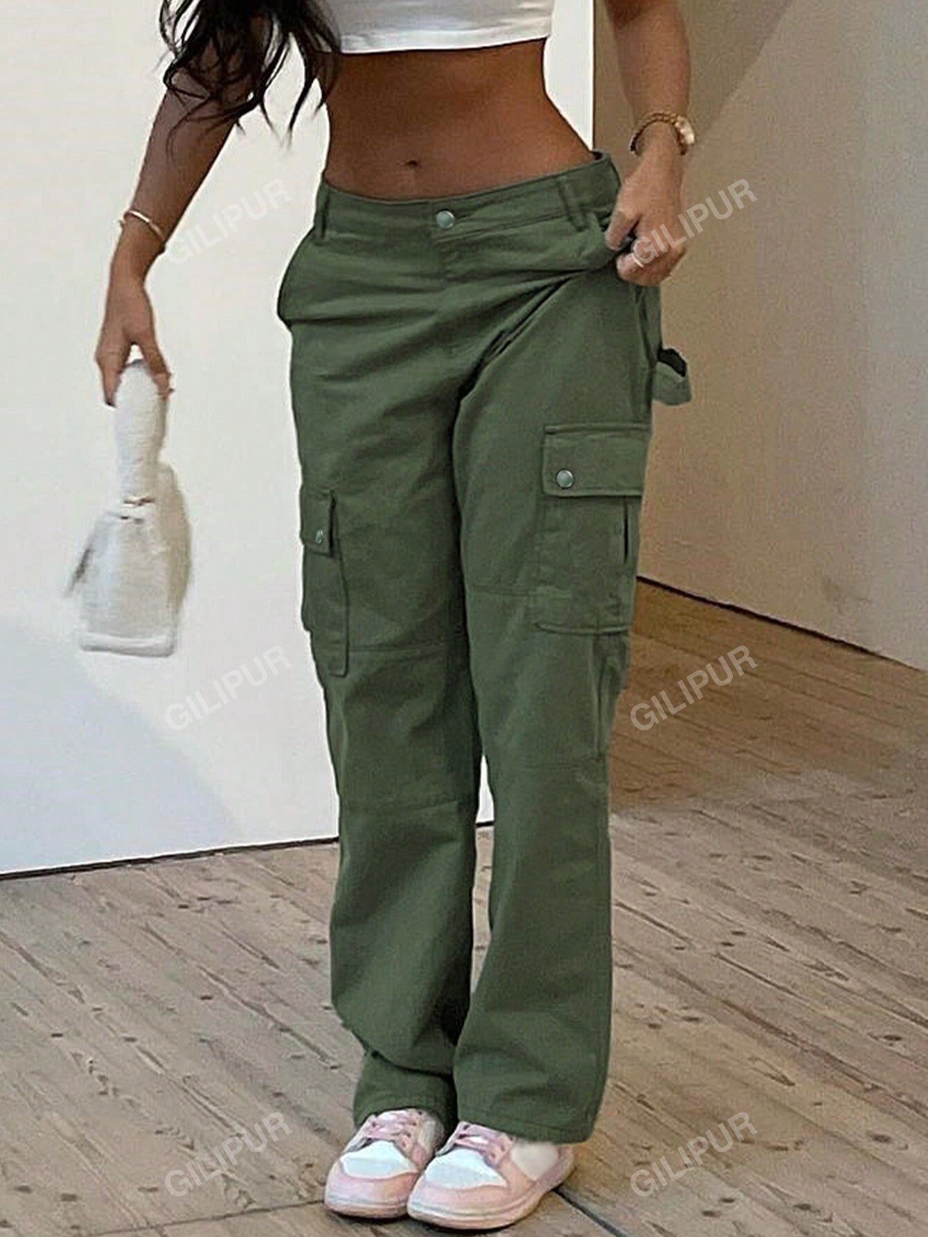 Casual Solid Flap Pocket Straight Leg Cargo Pants