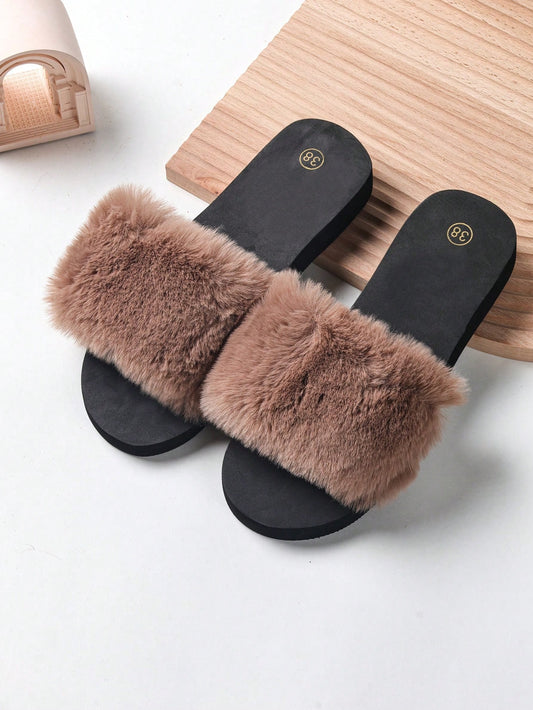 Women's Solid Color Plush Decorative Flat Sandals, Casual Style, Four Seasons Eva Bottom Slippers