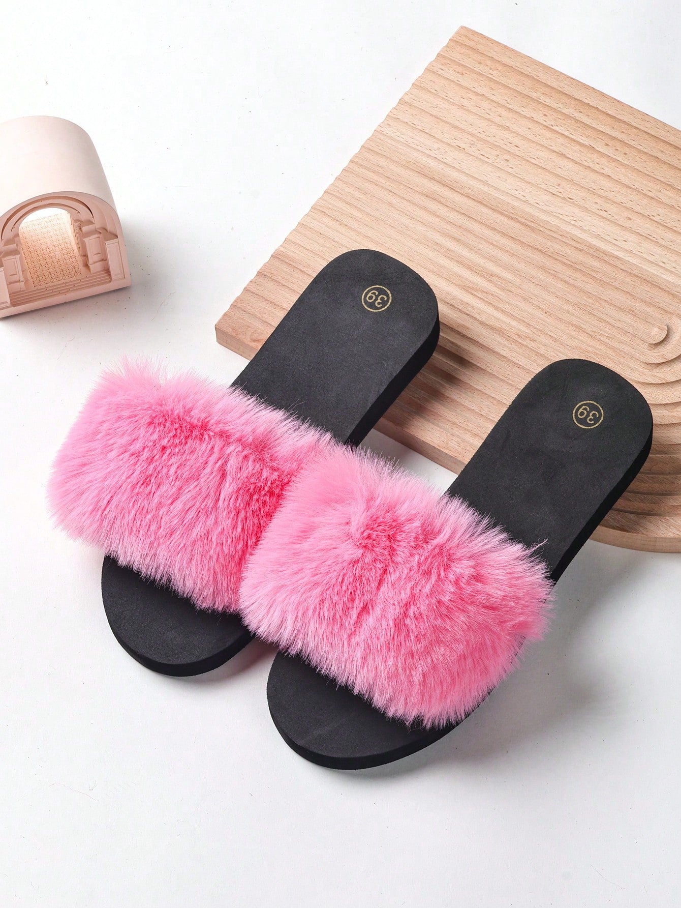 Women's Solid Color Plush Decorative Flat Sandals, Casual Style, Four Seasons Eva Bottom Slippers