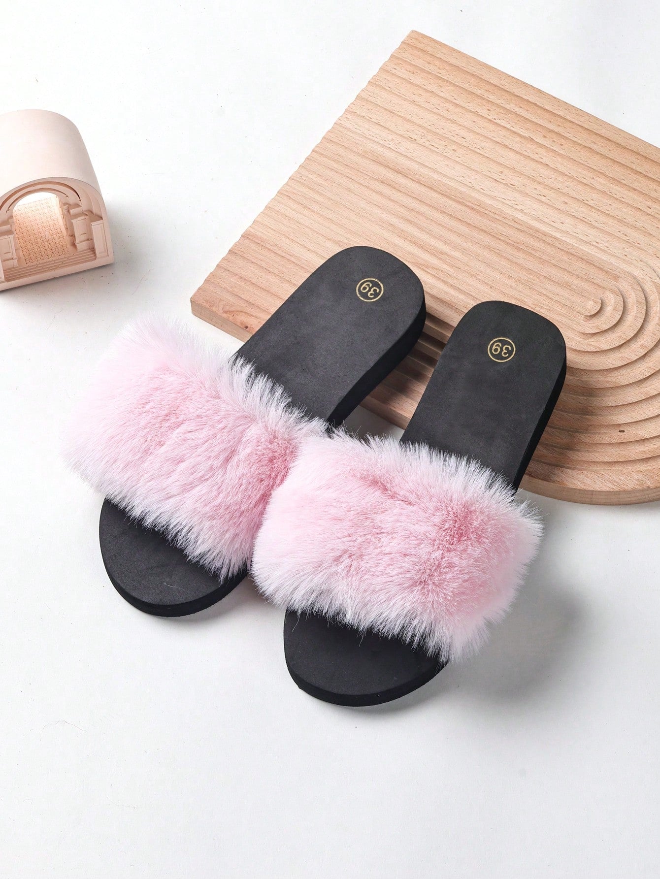 Women's Solid Color Plush Decorative Flat Sandals, Casual Style, Four Seasons Eva Bottom Slippers