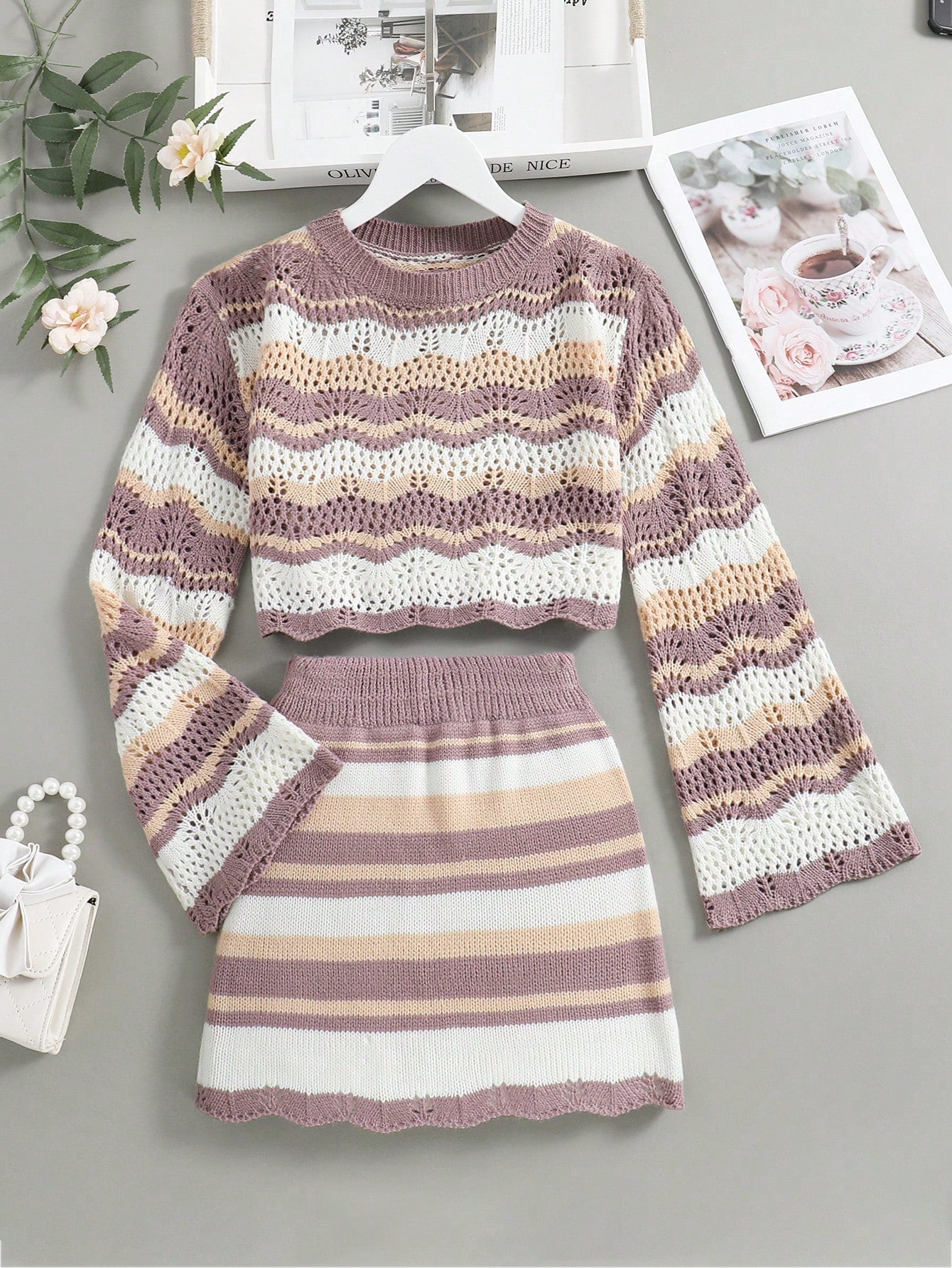 Tween Girl Knitted Gradient Stripe Hollow Out Sweater + Knitted Skirt Two Piece Set For Spring And Autumn