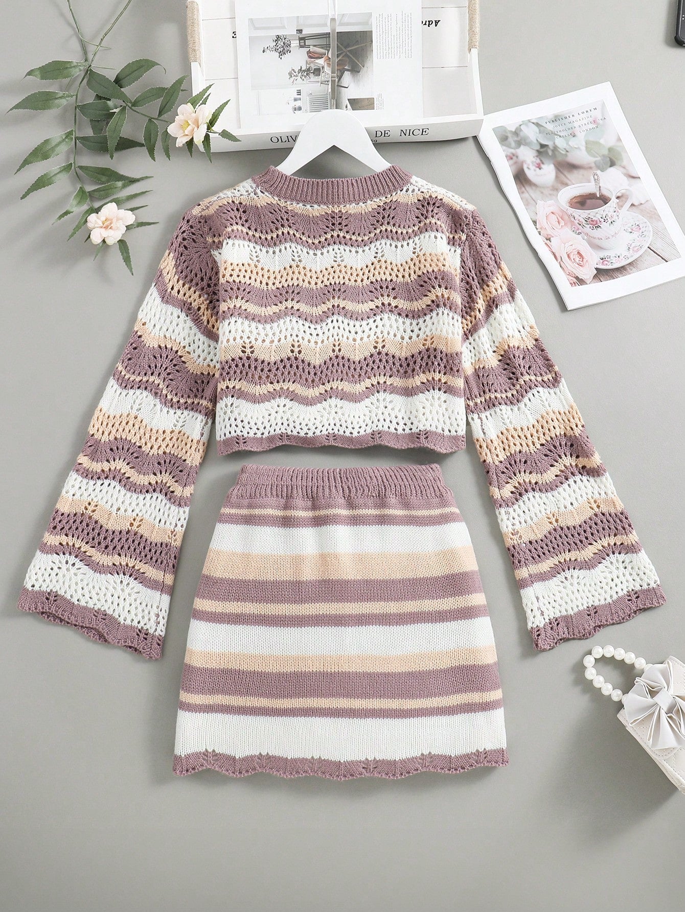 Tween Girl Knitted Gradient Stripe Hollow Out Sweater + Knitted Skirt Two Piece Set For Spring And Autumn