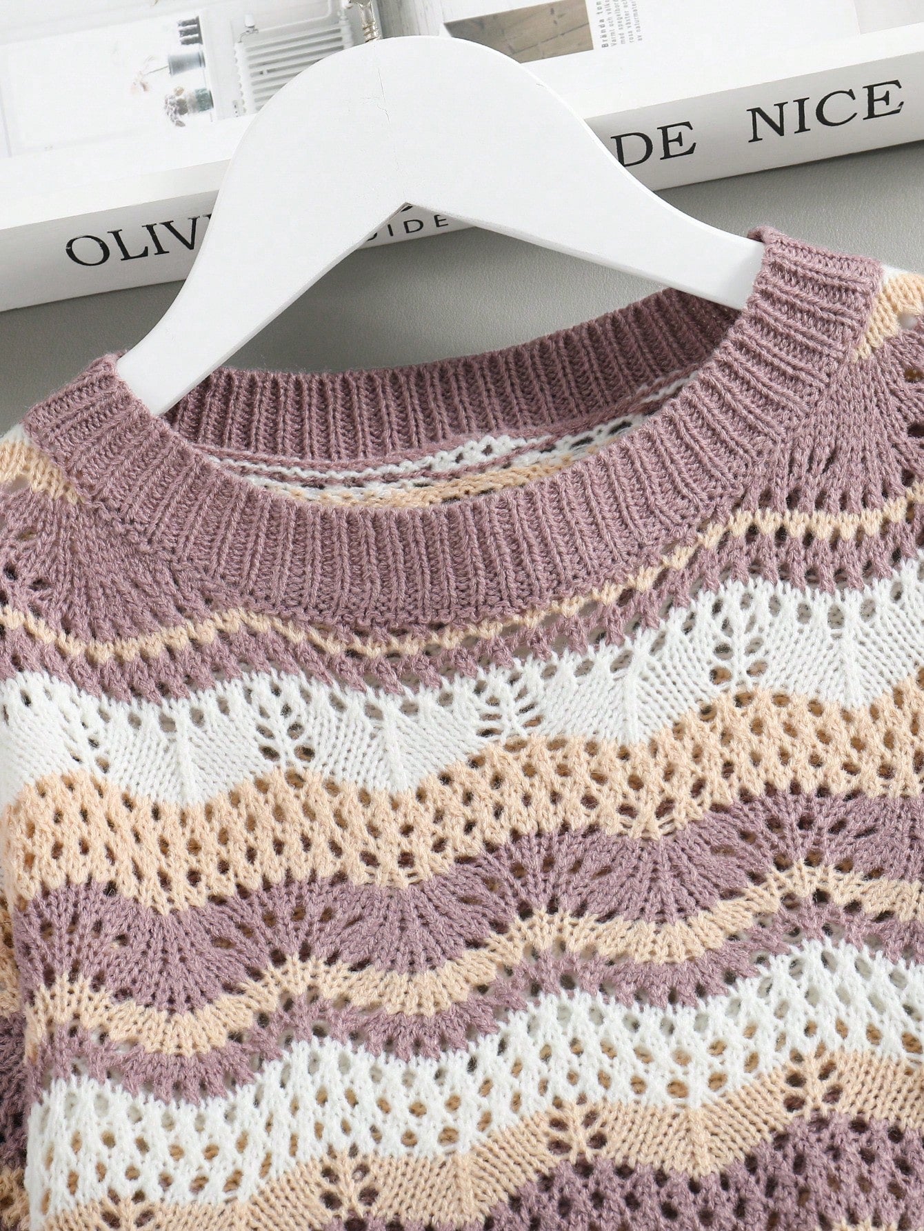 Tween Girl Knitted Gradient Stripe Hollow Out Sweater + Knitted Skirt Two Piece Set For Spring And Autumn