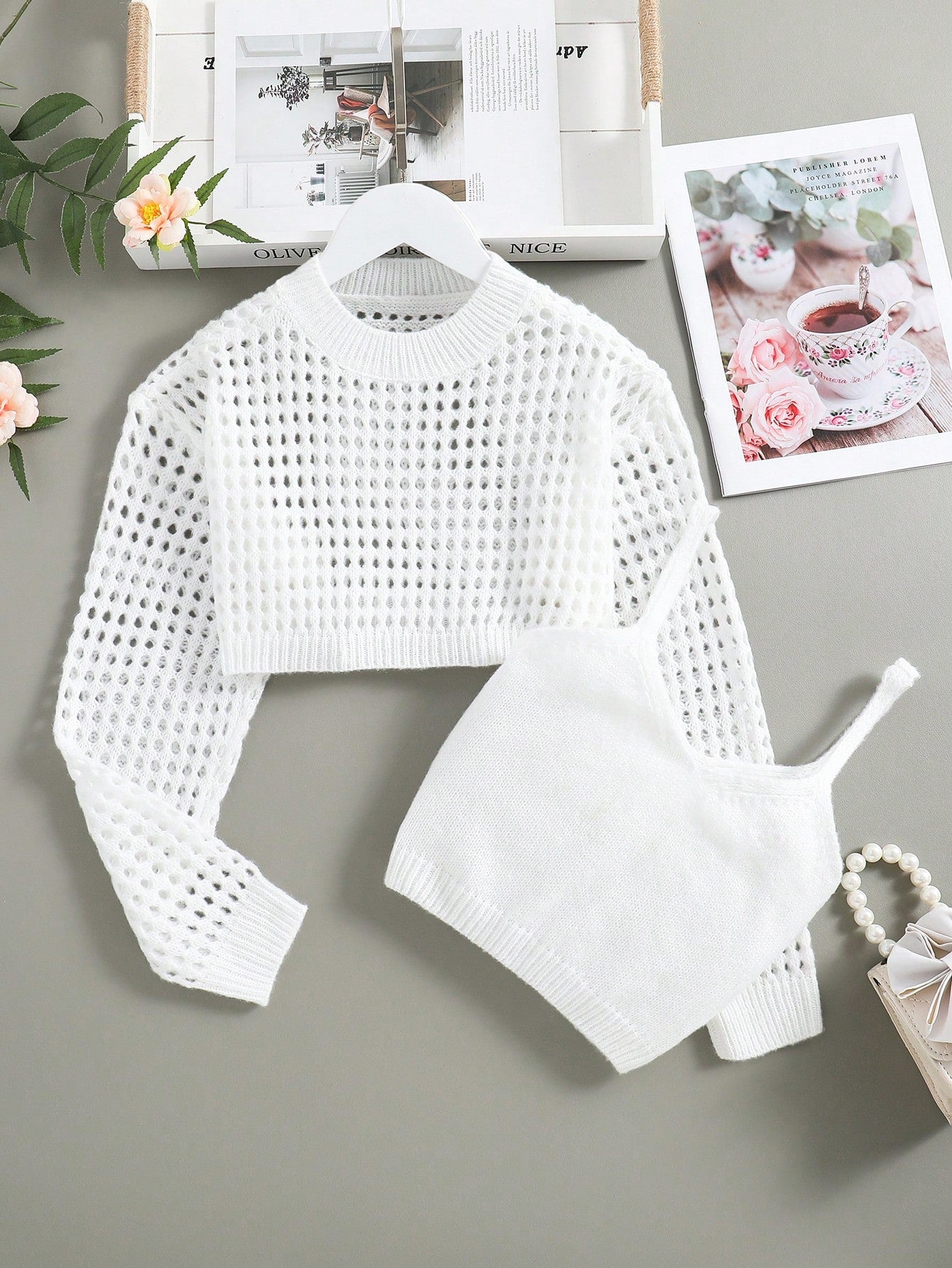 Tween Girl Trendy Hollow Design Sweater And Knitted Tank Top Spring/Summer Set