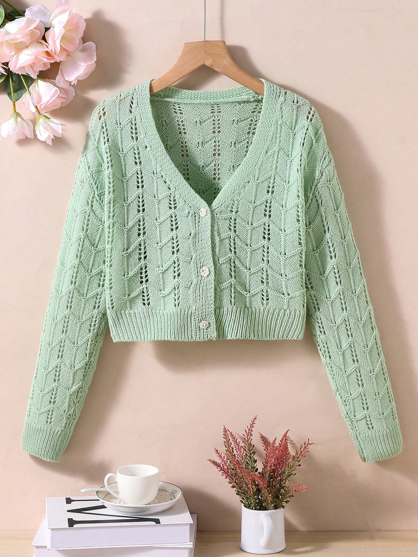 Tween Girls' Button-Front Hollow-Out Cardigan Top For Spring And Autumn