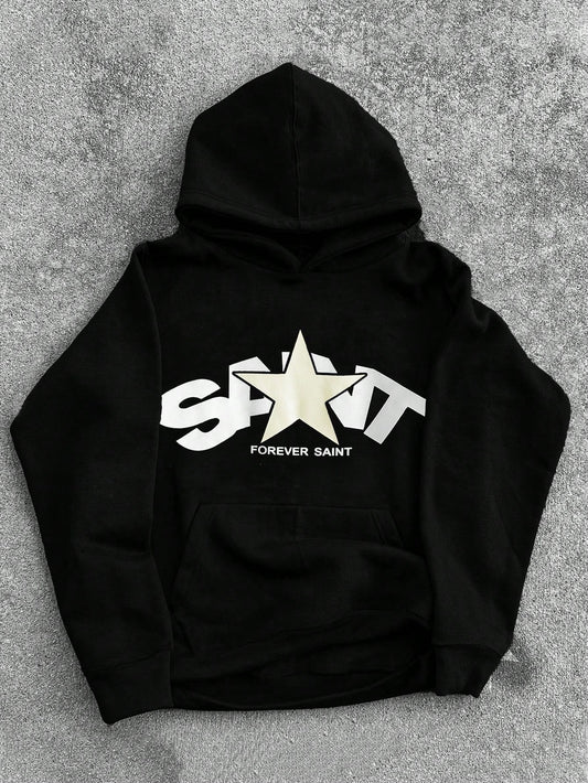 Men's Casual Hooded Fleece Pullover Sweatshirt With Star & Letter Print