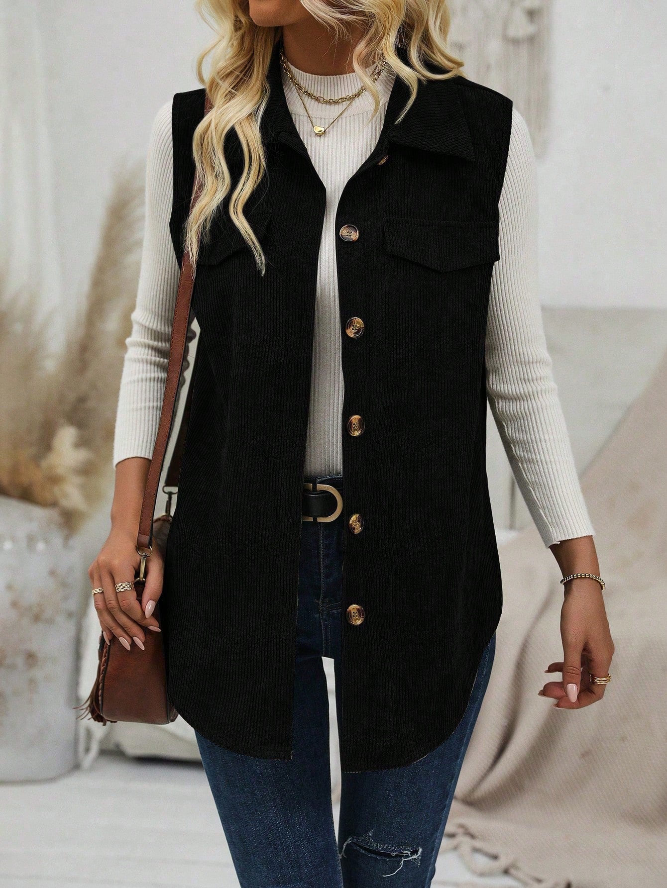 Flap Detail Button Front Corduroy Vest Coat