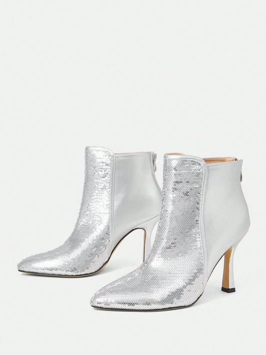 Sexy And Fashionable Silver Glitter Pointed Toe Short Boots With 9.5cm Heels, Side Zipper Closure, Casual Style, For Women In Autumn And Winter