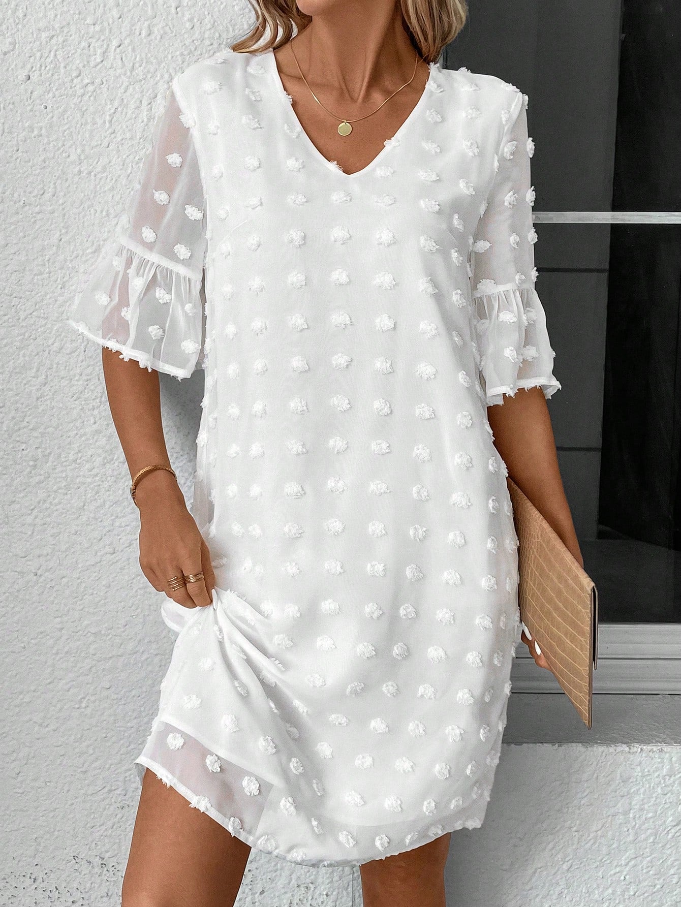 Women's Swiss Dot Ruffle Sleeve Dress