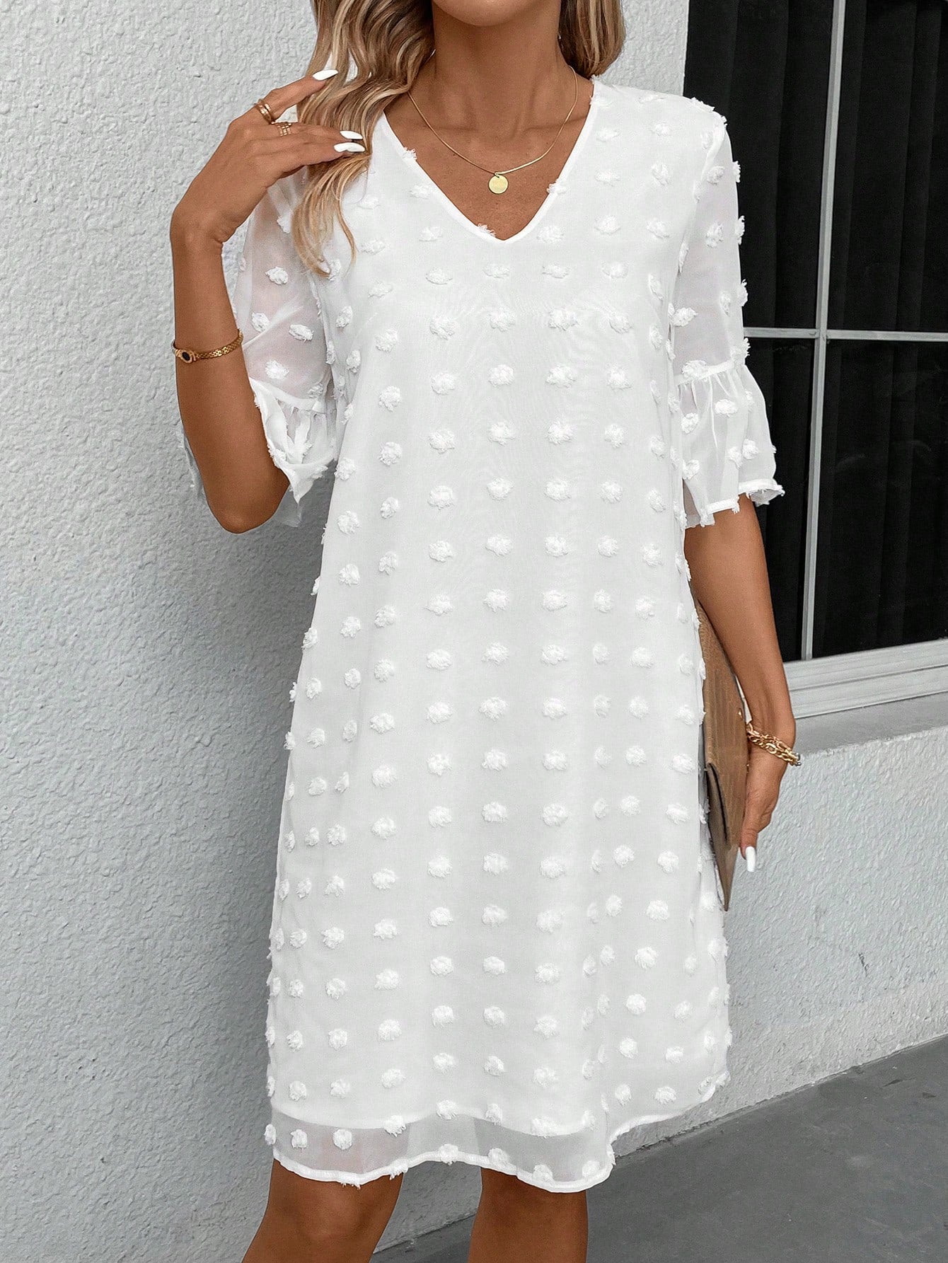 Women's Swiss Dot Ruffle Sleeve Dress