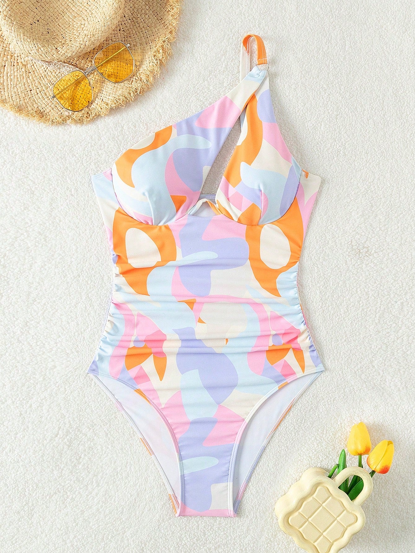 Swim Summer Beach Women's One Shoulder Hollow Out Swimsuit With Full Pattern Print