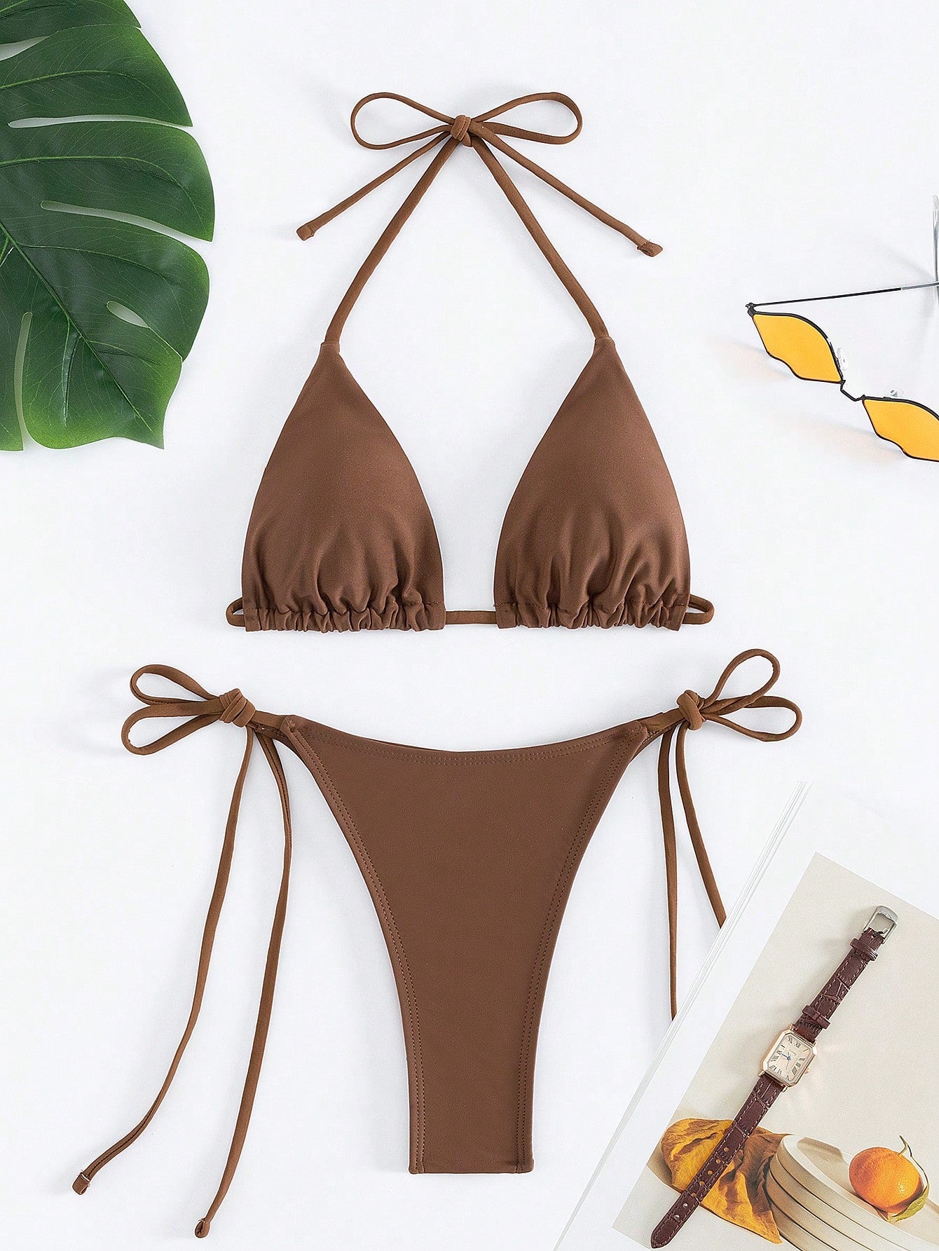 Women's Bikini Set Two-Piece Sexy Halterneck Lace-Up Three-Point Bikini Set Summer Beach