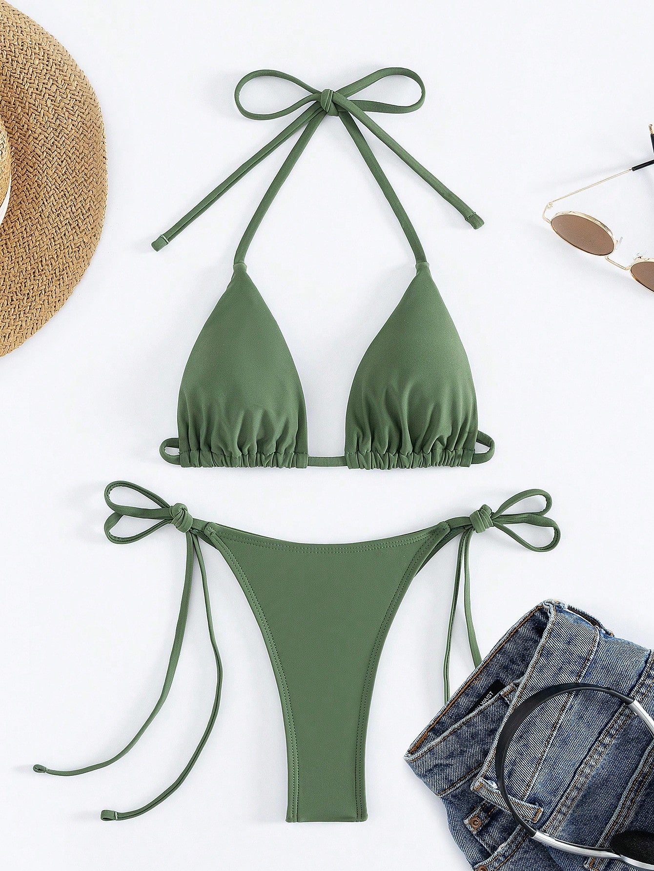 Women's Bikini Set Two-Piece Sexy Halterneck Lace-Up Three-Point Bikini Set Summer Beach