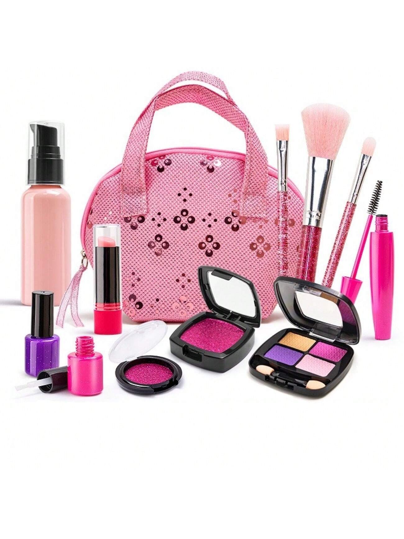 (All Accessories Are Paint And Powder Free)Kids Girls Makeup Set Girls Pretend Makeup Set, Washable Toddler Makeup Toy Set With Princess Makeup Bag Ages 3+