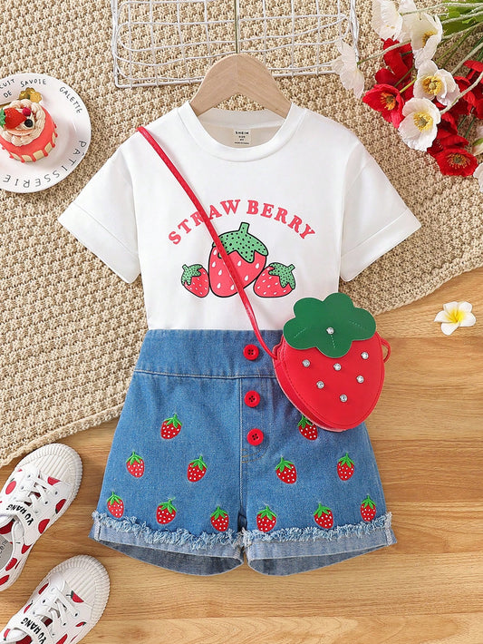 Young Girl Fashionable Casual 2pcs Strawberry Printed T-Shirt And Denim Shorts Red Bag Set