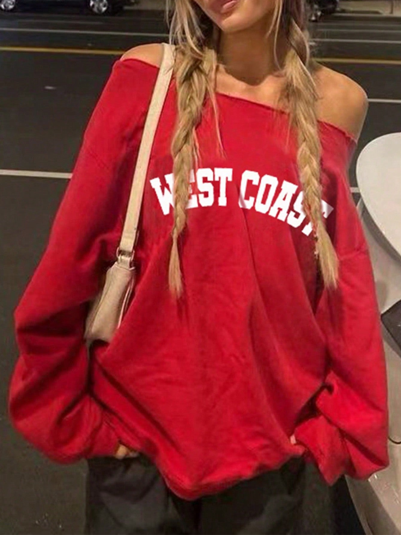 Women's Red Open Shoulder Casual Long Sleeve Sweatshirt