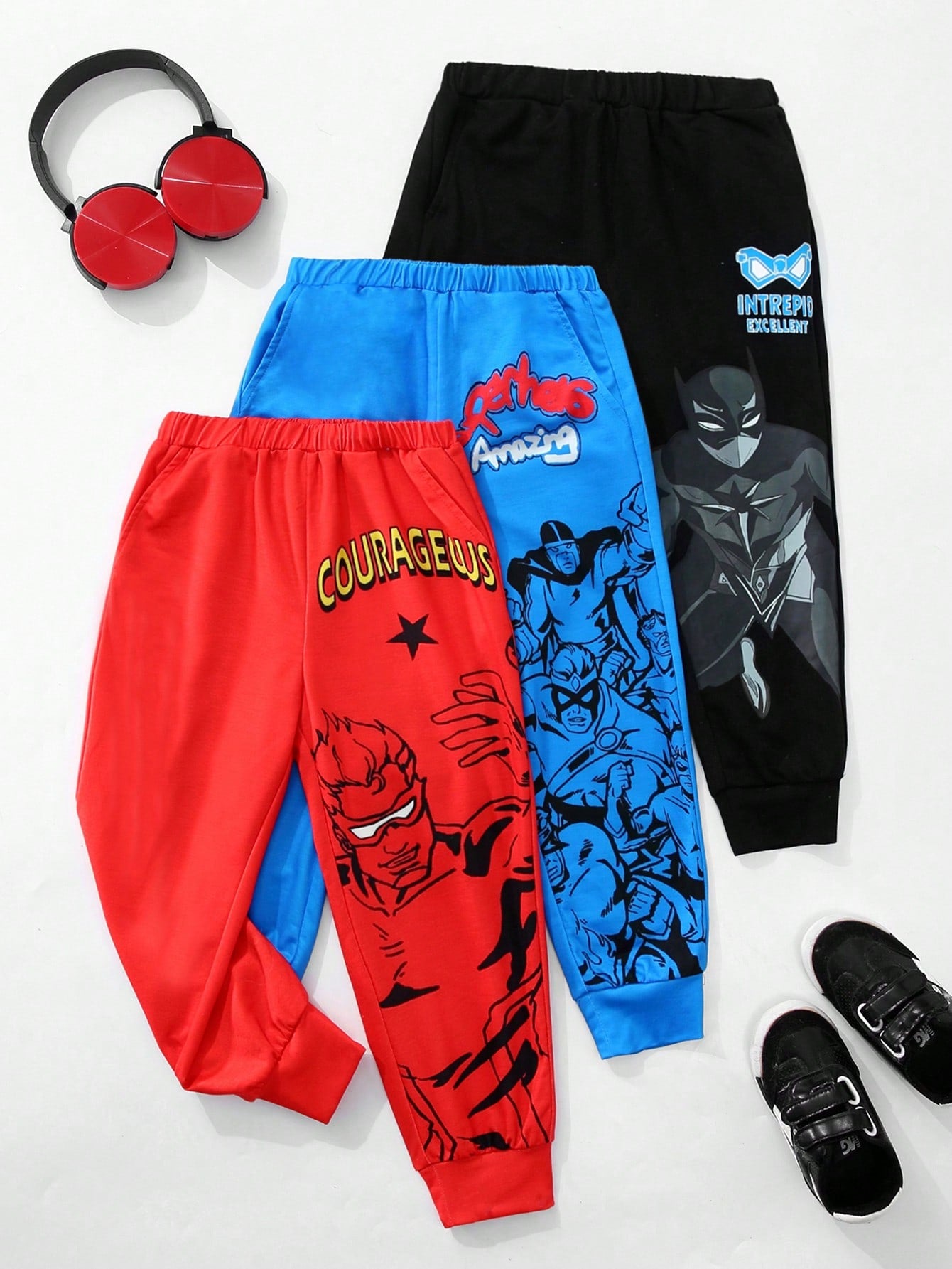 3pcs Street Style Superhero & Letter Print Cartoon Patterned Sweatpants Set For Young Boys, Breathable, Comfortable, Versatile For Spring And Summer