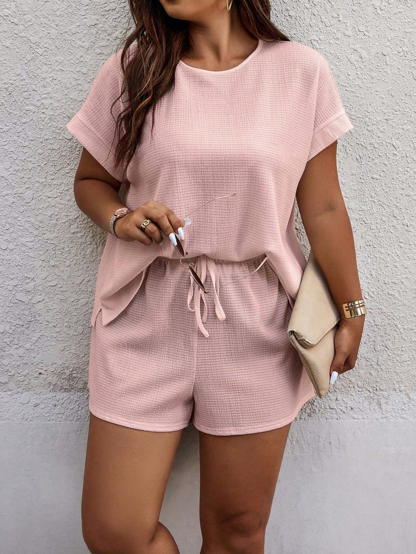 Plus Solid Batwing Sleeve Tee & Shorts