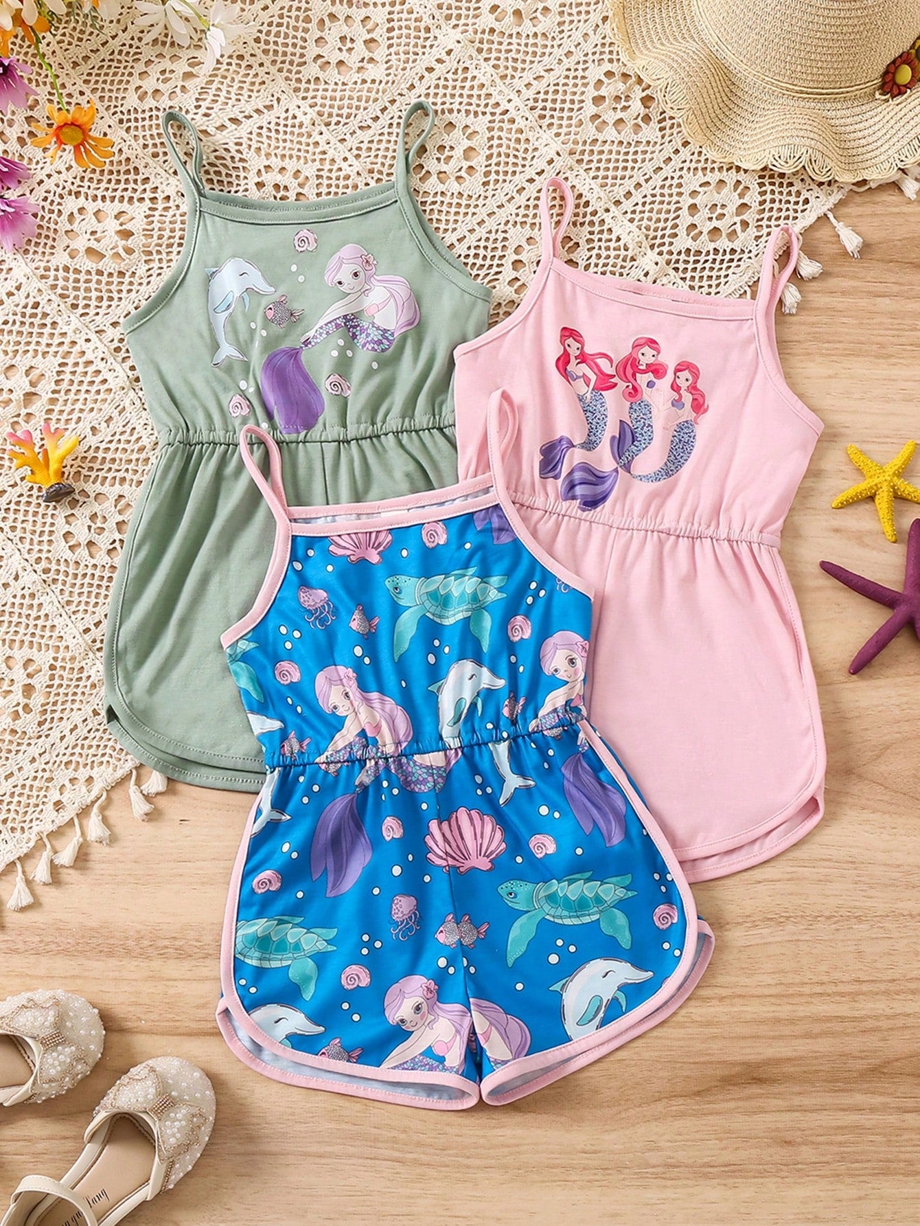 Young Girl 3PCS Casual Cute Mermaid Print Spaghetti Strap Romper Set For Spring/Summer