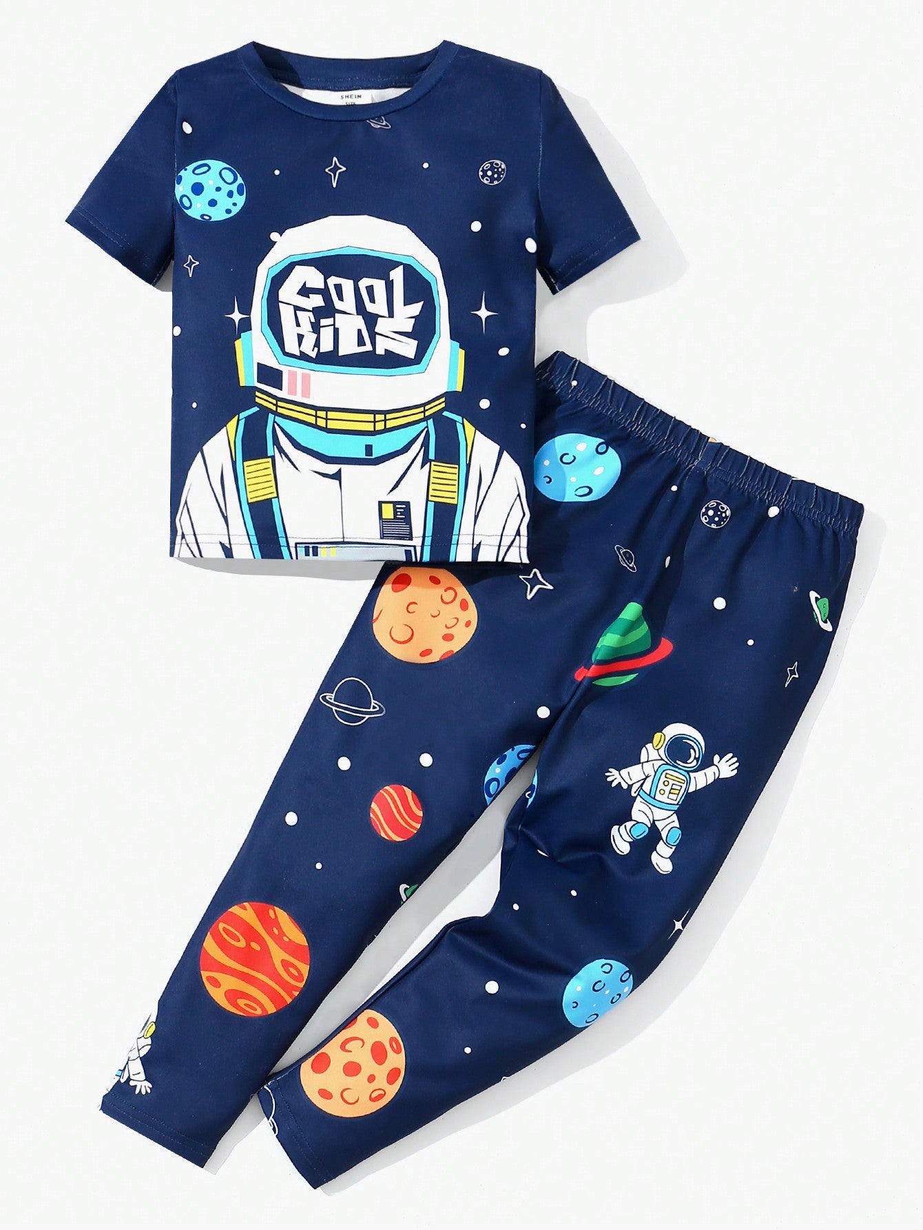 2pcs/Set Young Boys' Snug Fit & Casual Academy Fashionable & Practical & All-Match Soft & Comfortable & Breathable Short Sleeve Top And Pants Pajama Suit With Space Elements Print, Suitable For Spring, Summer And Autumn