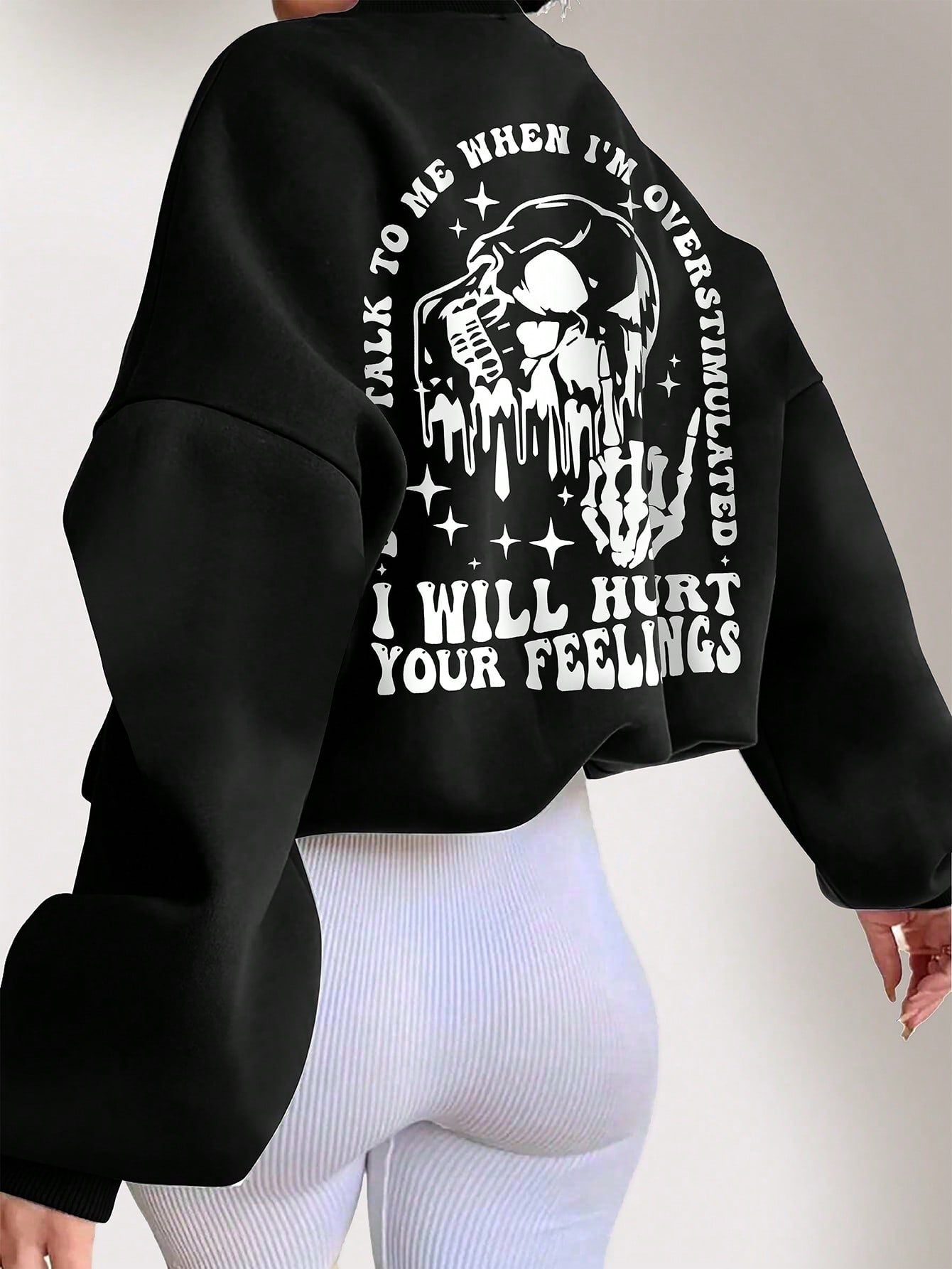 Plus Size Skull Print Crew Neck Sweatshirt With Slogan