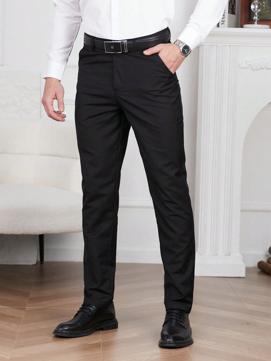 Men's Solid Color Suit Pants With Oblique Pockets, Belt Not Included