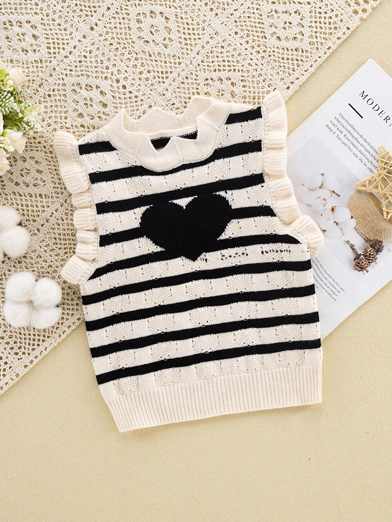 Young Girl Summer Heart & Stripe Pattern Patchwork Ruffle Edge Casual Sweater Vest