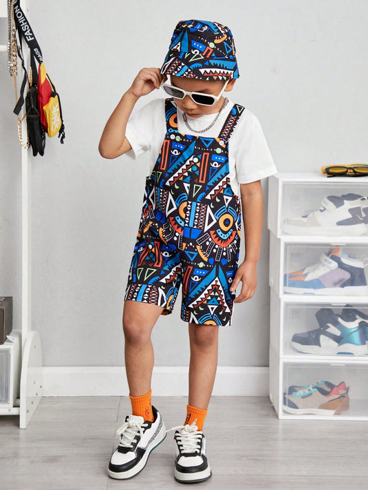 Streecool Kids Young Boy Vacation Style Geometric Pattern Overall Shorts