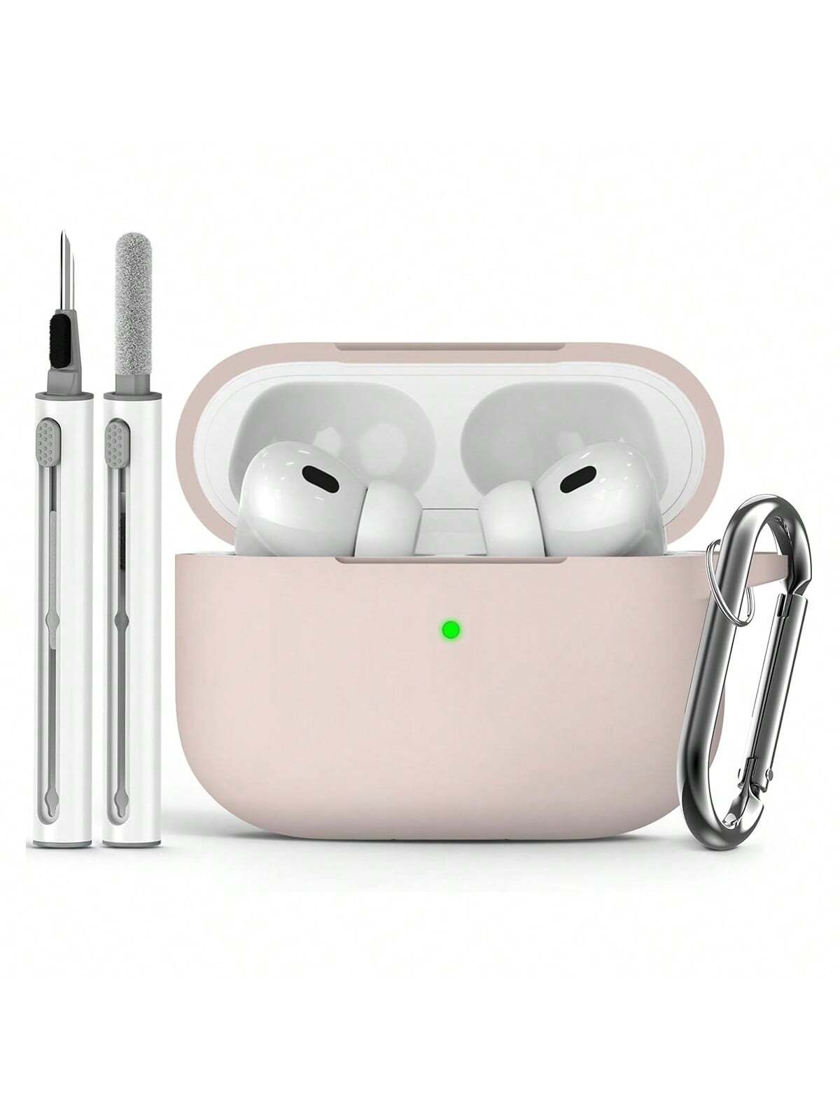 Pink 1pc Solid Color Silicone Airpods Protective Cover With Climbing Buckle Strap And Cleaning Pen