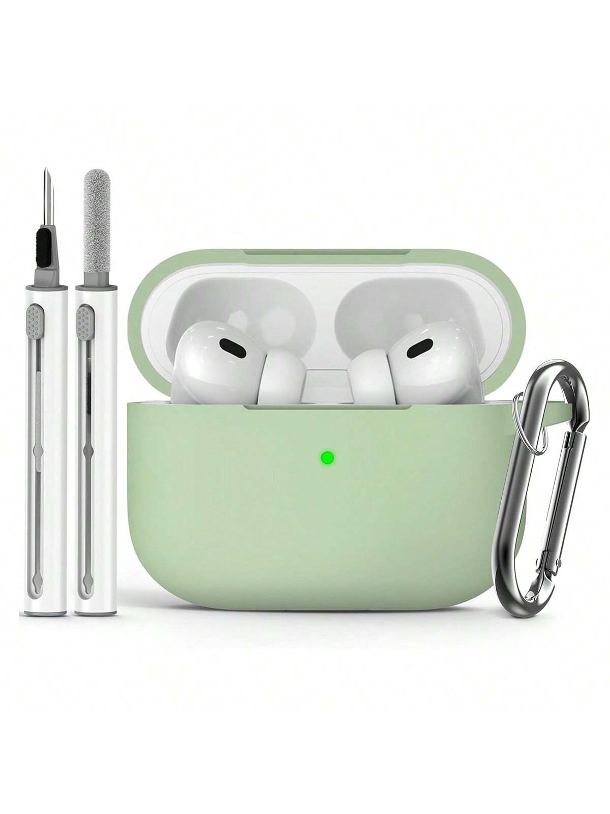 Pink 1pc Solid Color Silicone Airpods Protective Cover With Climbing Buckle Strap And Cleaning Pen