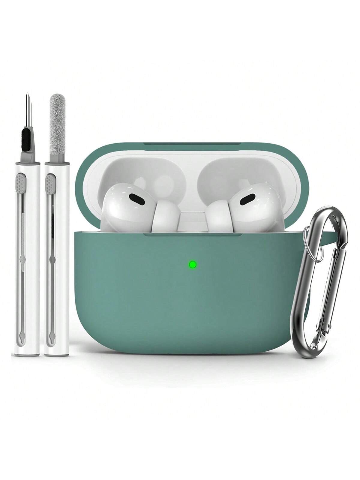 Pink 1pc Solid Color Silicone Airpods Protective Cover With Climbing Buckle Strap And Cleaning Pen
