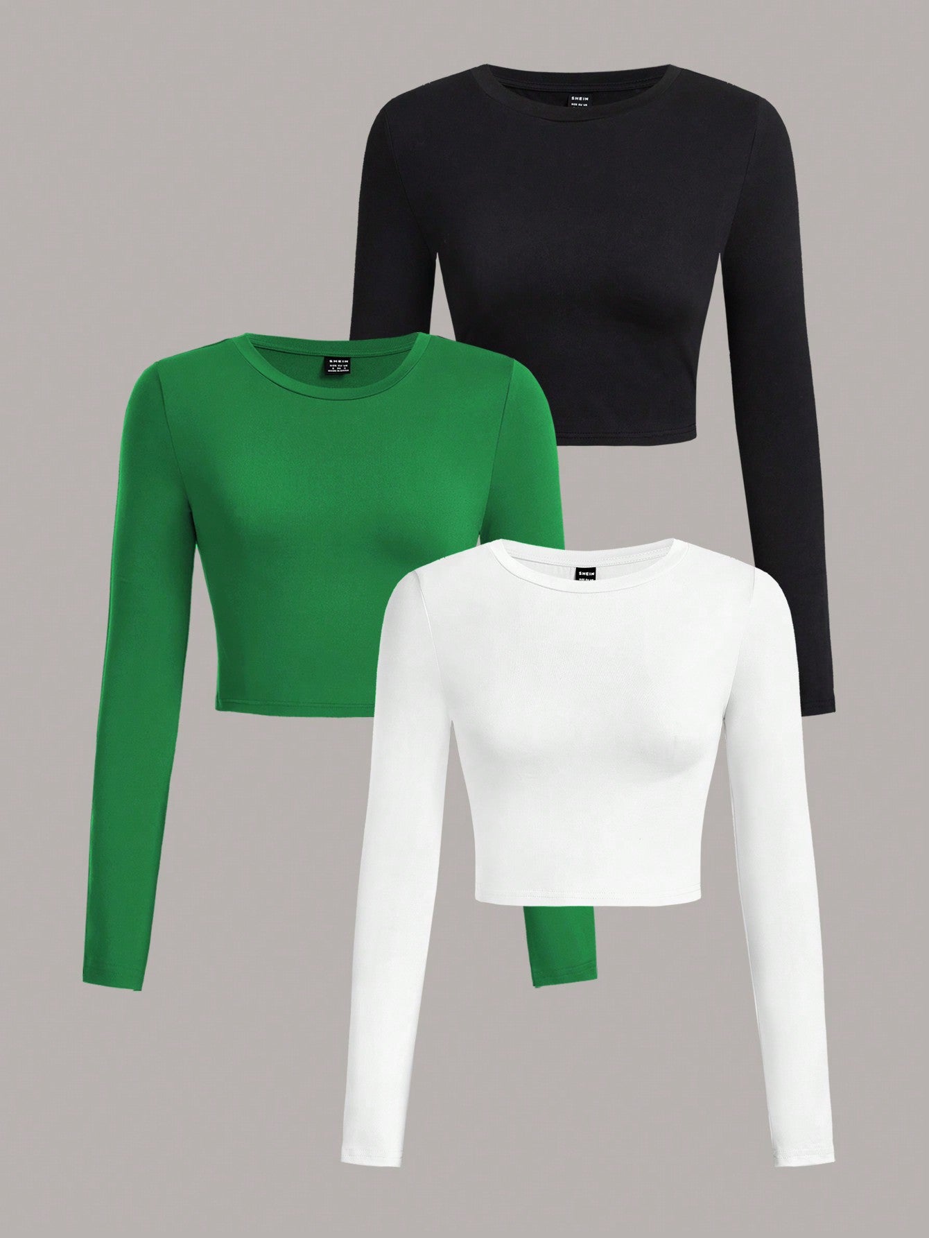 3pcs/Set Women's Casual Simple Crew Neck Long Sleeve Cropped Fitted T-Shirts, Suitable For Spring & Autumn