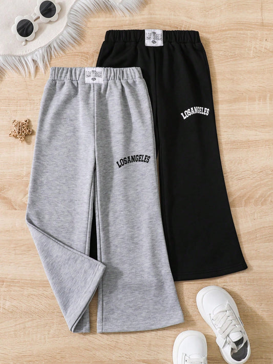 2pcs/Set Young Girls' Casual Letter Print Sweatpants With Details, For Leisure