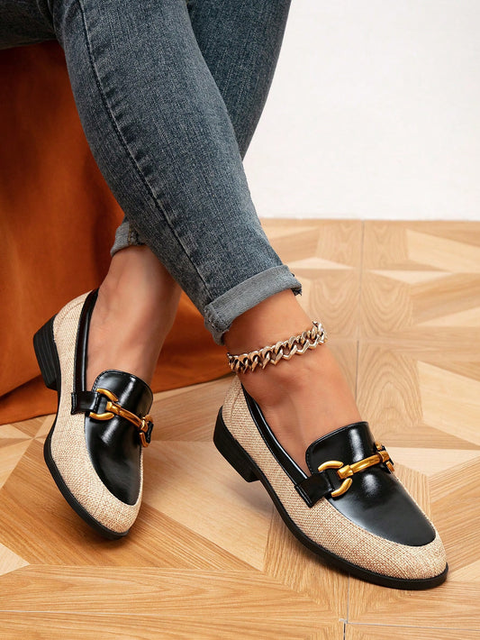 Women's Spring/Autumn Round Toe Metal Buckle Flat Two Tone Loafers Comfortable Slip-On Shoes