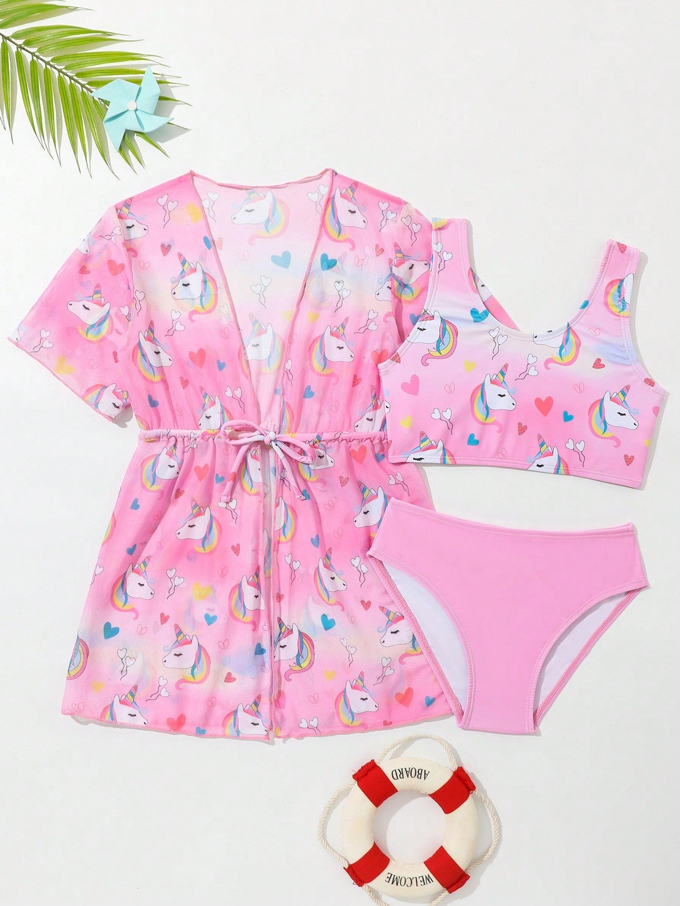 Young Girl 3pc Set Adorable Unicorn & Heart Tie Dye Swimwear With Cover-Up For Sun Protection In Summer