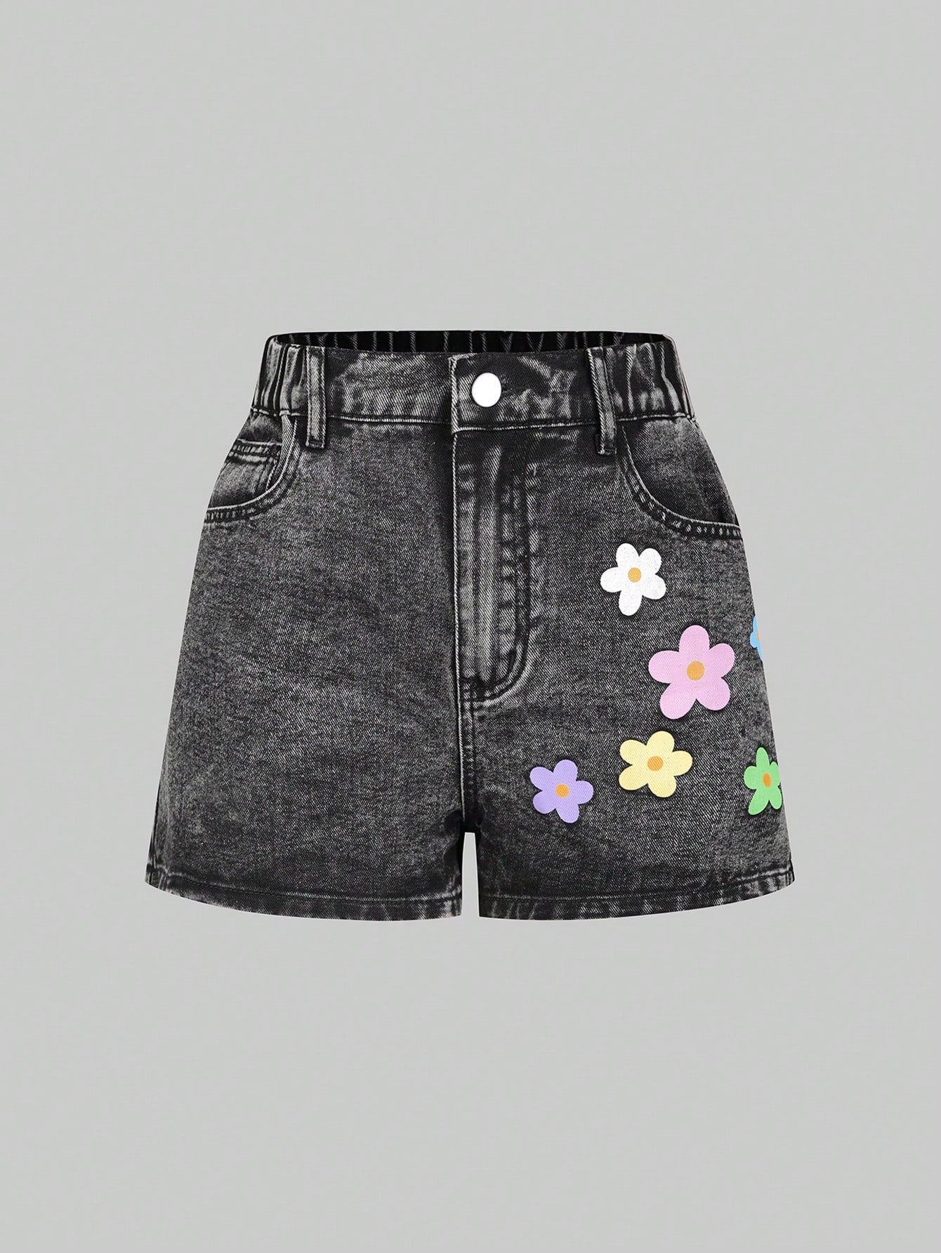 TEEN Girl Modern Street All-Match Casual College Style Stone Washed Enzyme Treatment Dopamine Tone Flower Printed Elastic Waistband Loose Five-Pocket Denim Shorts, Essential All-Year-Round Fashionable Denim Item