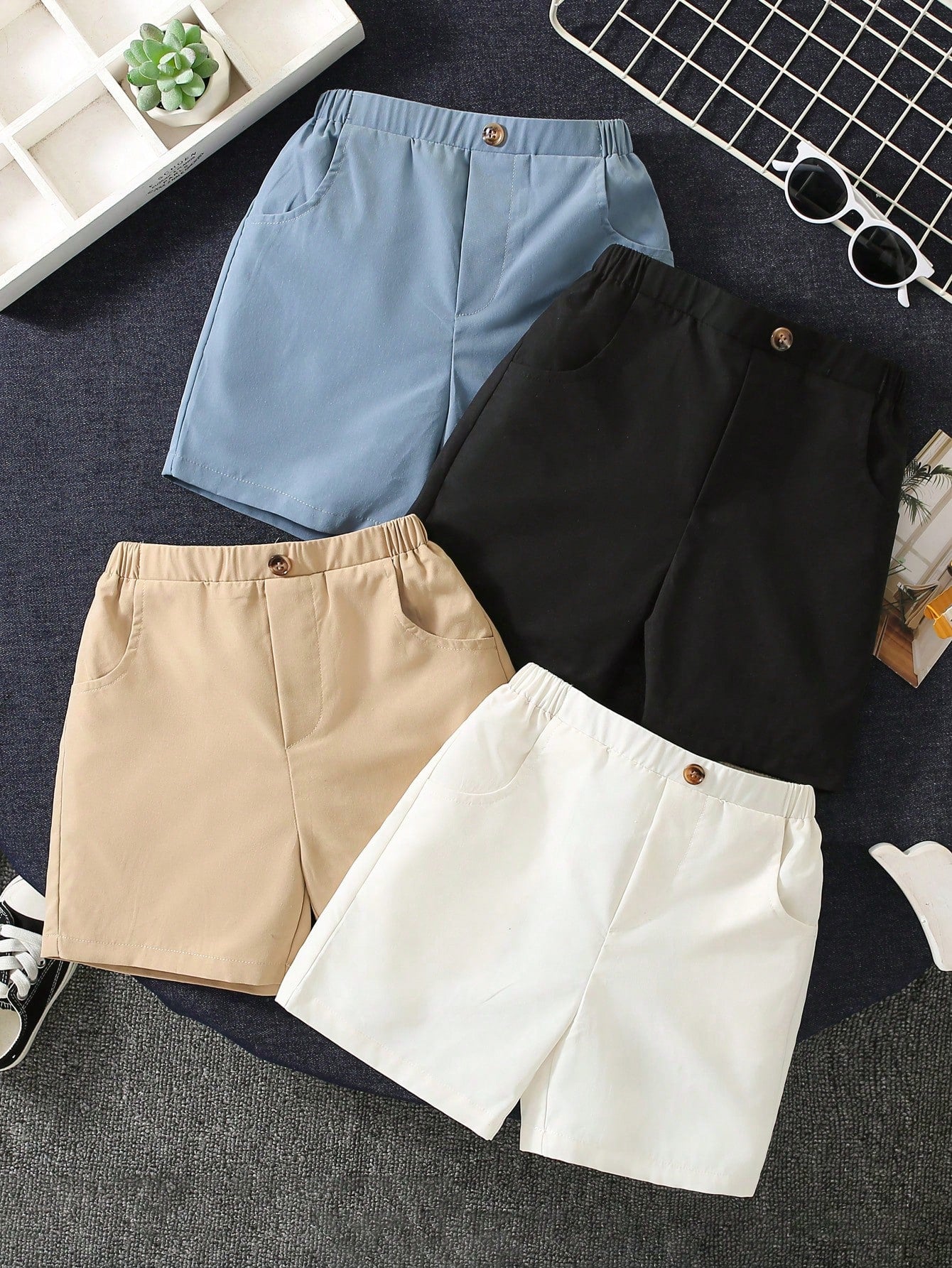 4pcs Young Boy's Korean Style Casual Button & Pocket Design Shorts, Loose Fit And Comfortable, Suitable , Vacation, Gathering, School, Home, Spring And Summer