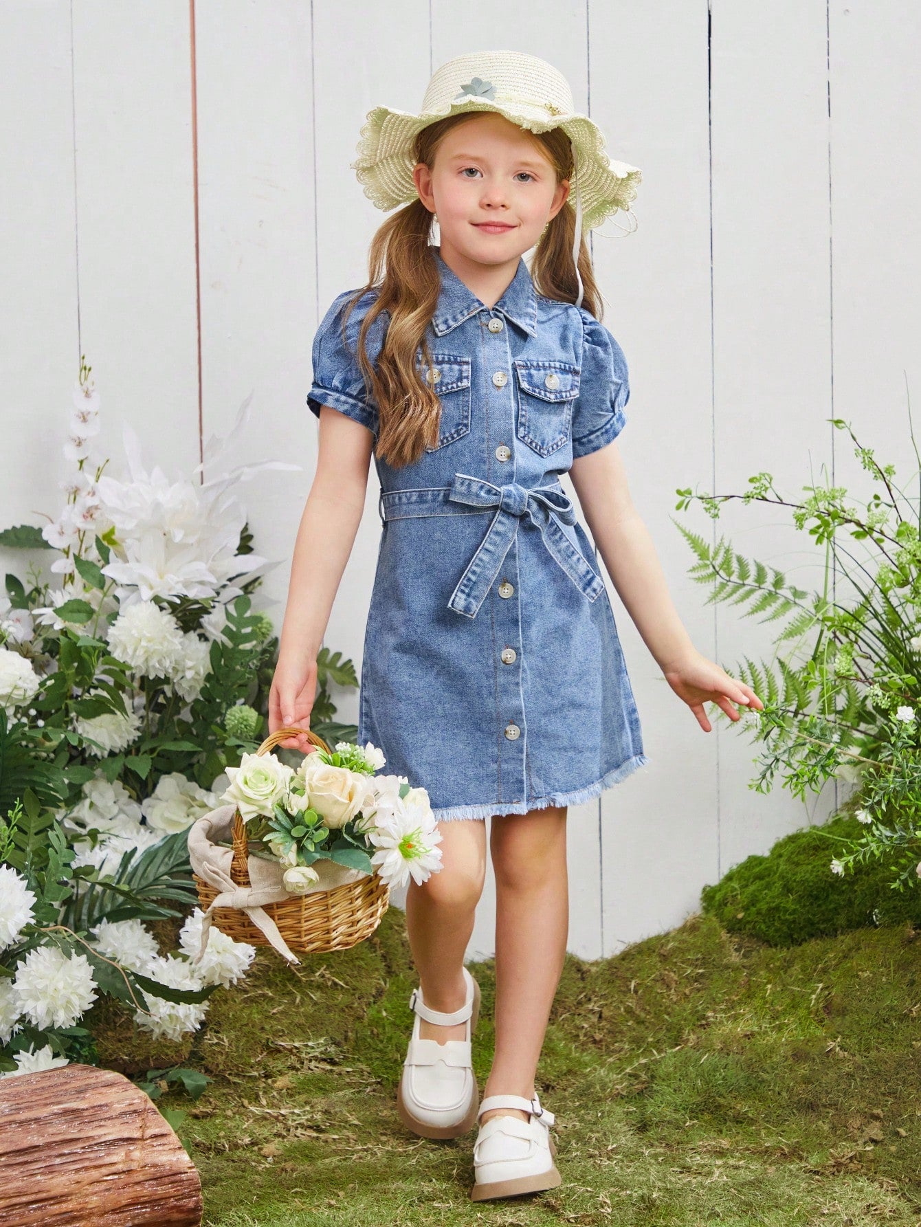 Young Girl Denim Shirt Dress With Belt, Casual Loose Fit