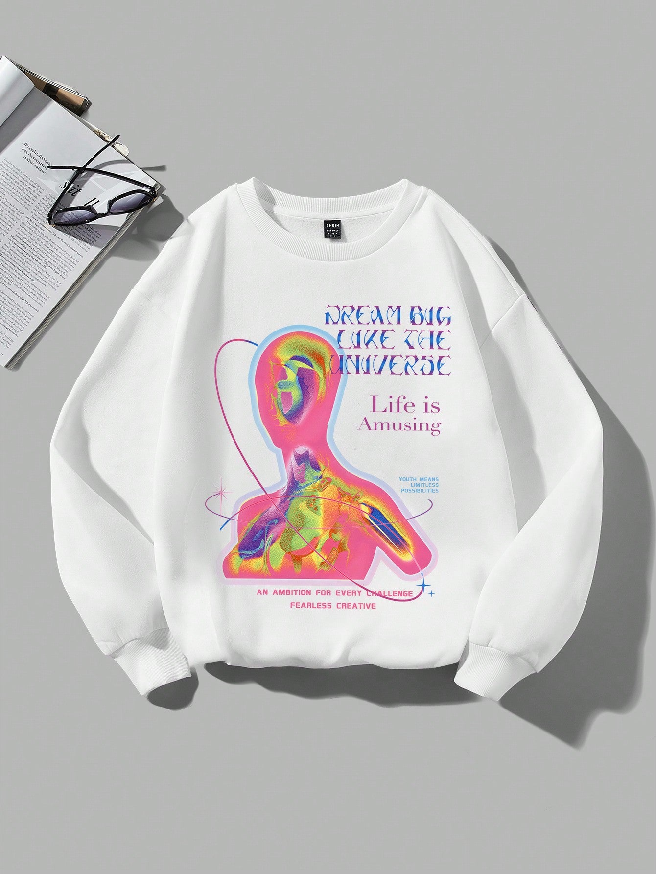 Casual & Minimalist Thermal Imaging Print Long Sleeve Oversize Women's Sweatshirt, Round Neck, Suitable For Fall And Winter DREAM BIG LIKE THE UNIVERSE Life Is Amusing YOUTH MEANS LIMITLESS POSSIBILITIES AN AMBITION FOR EVERY CHALLENGE FEARLESS CREATIVE