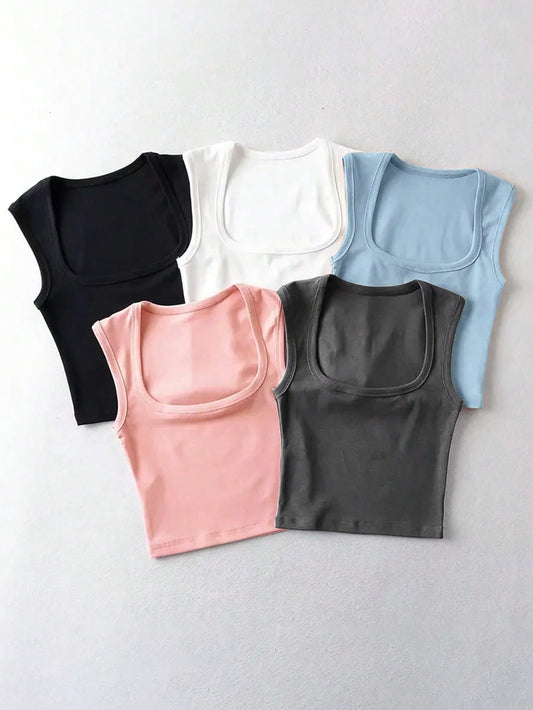 5pcs Solid Color Slim Fit Tank Tops,Baby Tees Woman, Summer