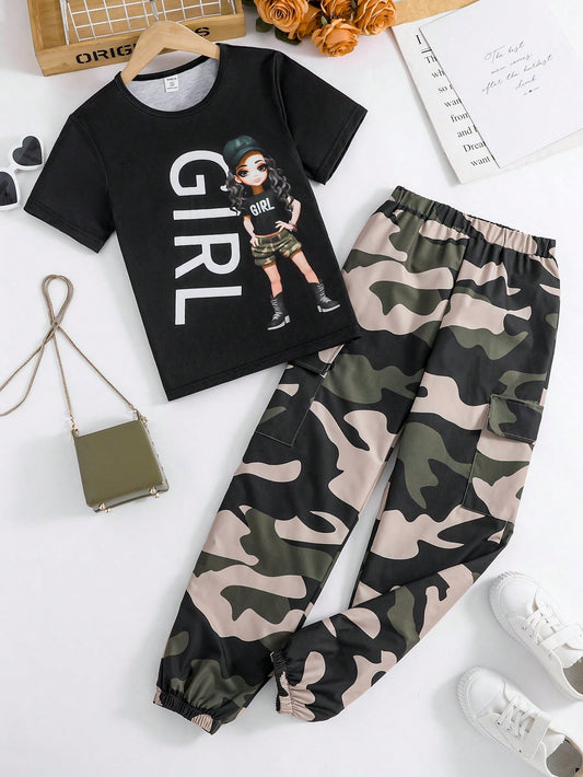 Tween Girl Cartoon Character & Letter Printed Top And Camouflage Printed Cargo Pants Set