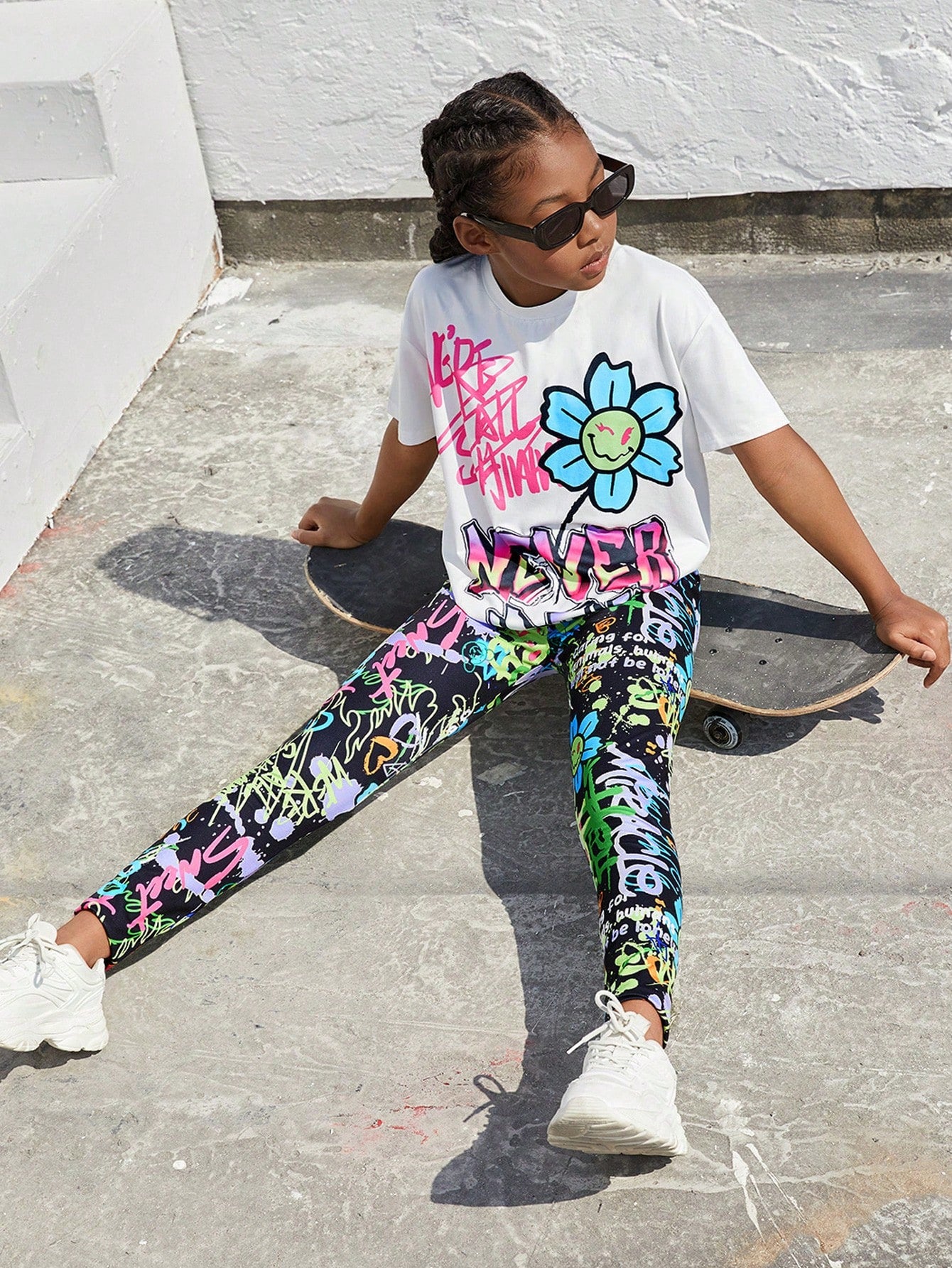 Tween Girls' Casual Street Style Letter & Floral Printed T-Shirt And Leggings Set