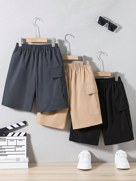 3pcs/Set Loose Fit Academy Style Woven Cargo Shorts For Tween Boys