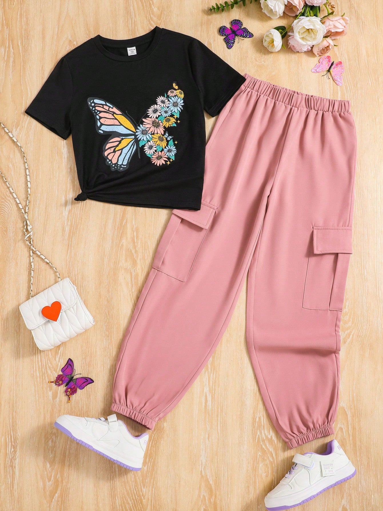 Tween Girls' Knitted Butterfly Pattern T-Shirt And Woven Cuffed Pants Casual 2pcs Outfit