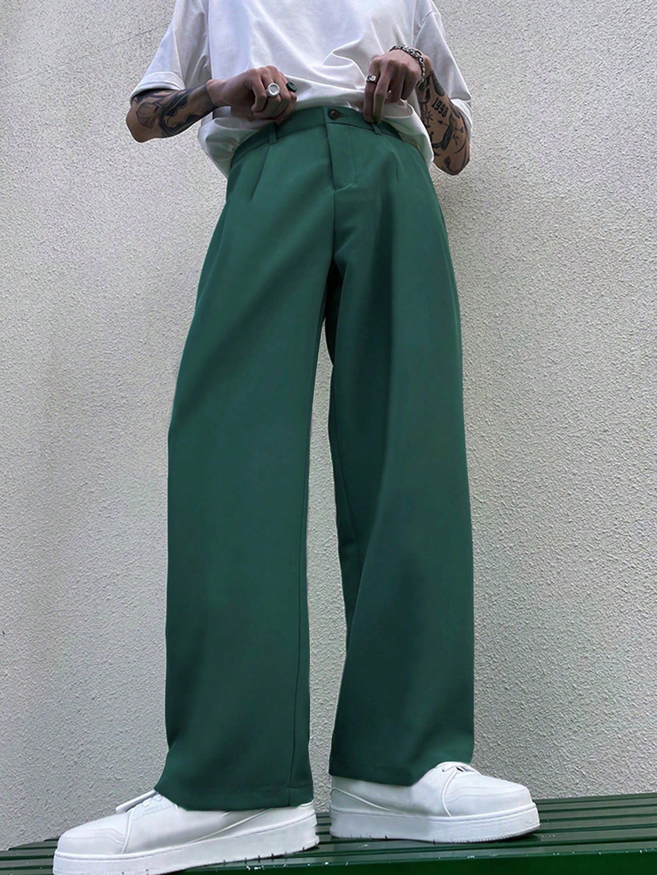 Men Slant Pocket Wide Leg Suit Pants