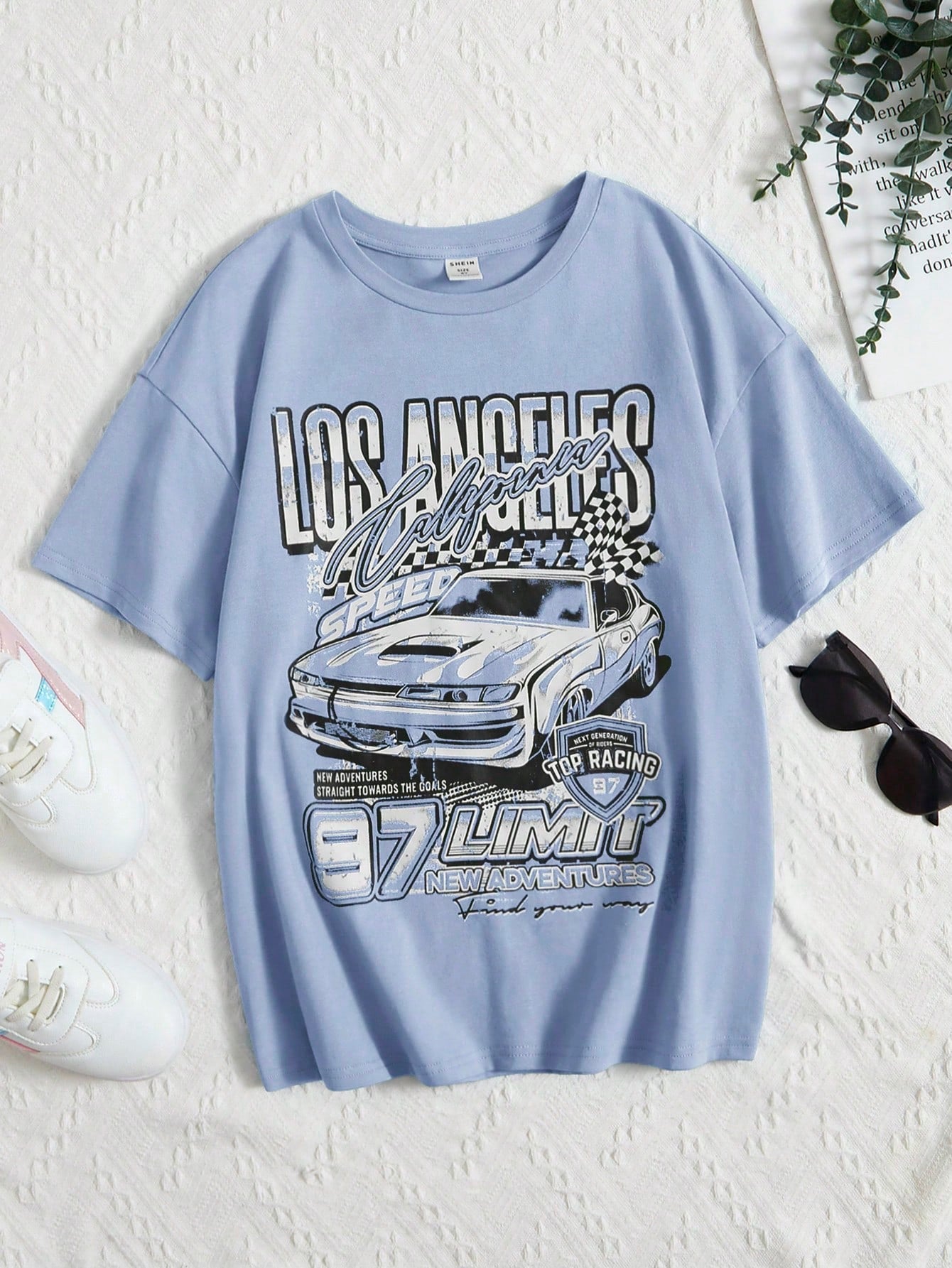 Tween Girl Loose Short Sleeve Car & Letter Print Drop Shoulder T-Shirt