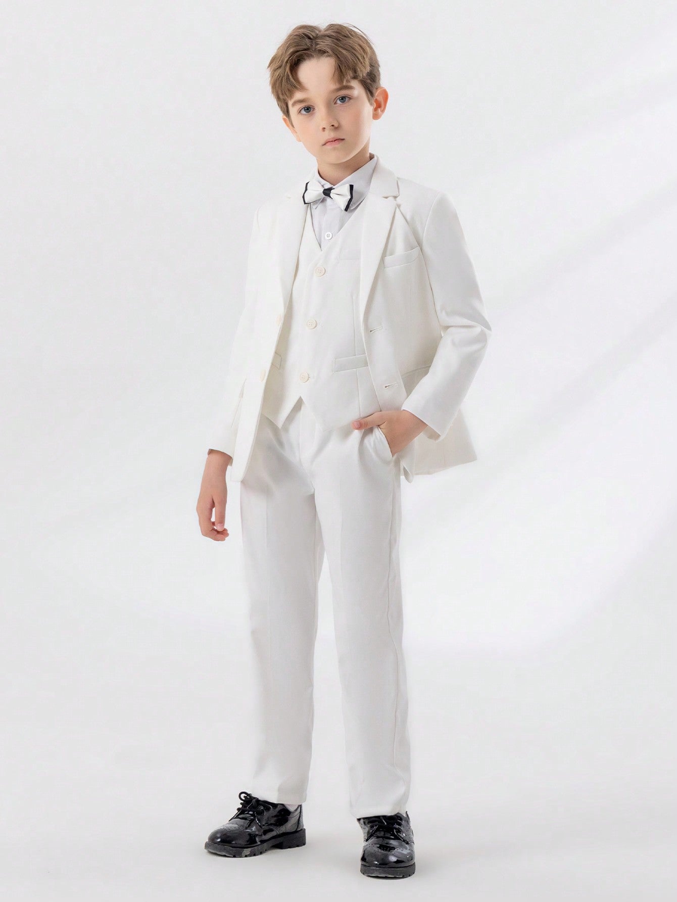 Young Boy 4pcs Gentleman Formal Suit Set With Lapel Jacket, Vest, Pants And Necktie, Spring