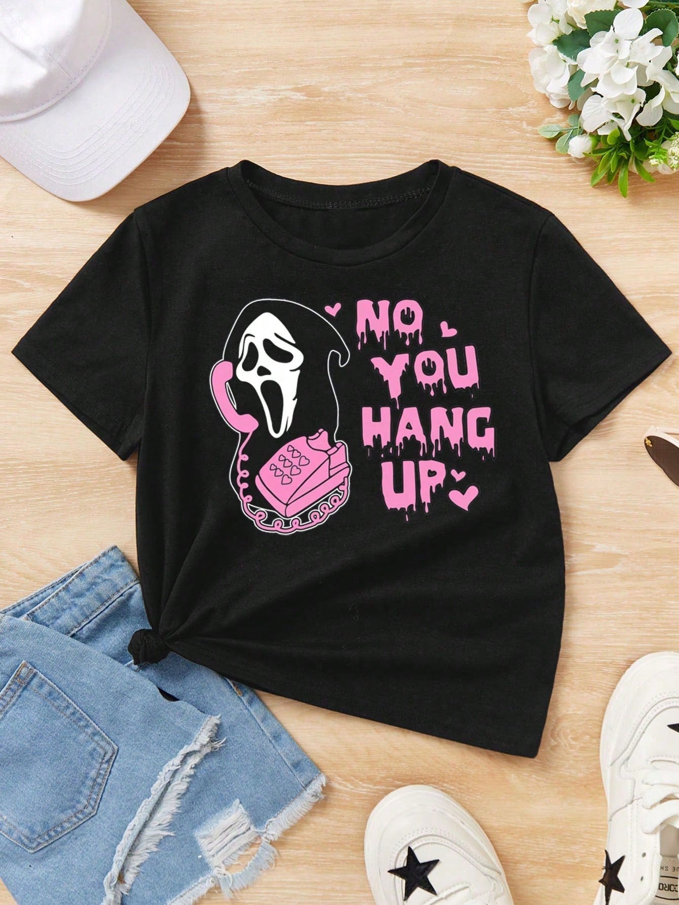 Teen Girls' Casual Short Sleeve T-Shirt With Cartoon And Letter Print, Bold And Comfortable, Suitable For Home And Outdoors